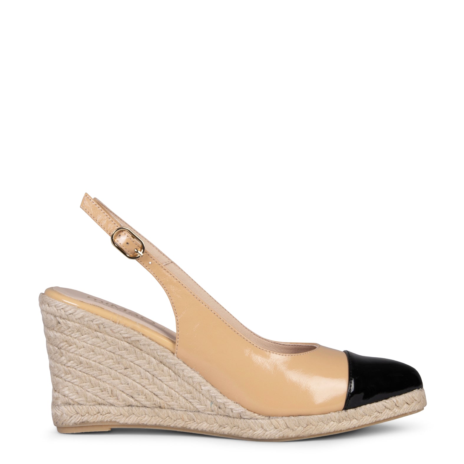 BIARRITZ - BROWN WEDGE ESPADRILLE WITH BLACK PATENT LEATHER TOE