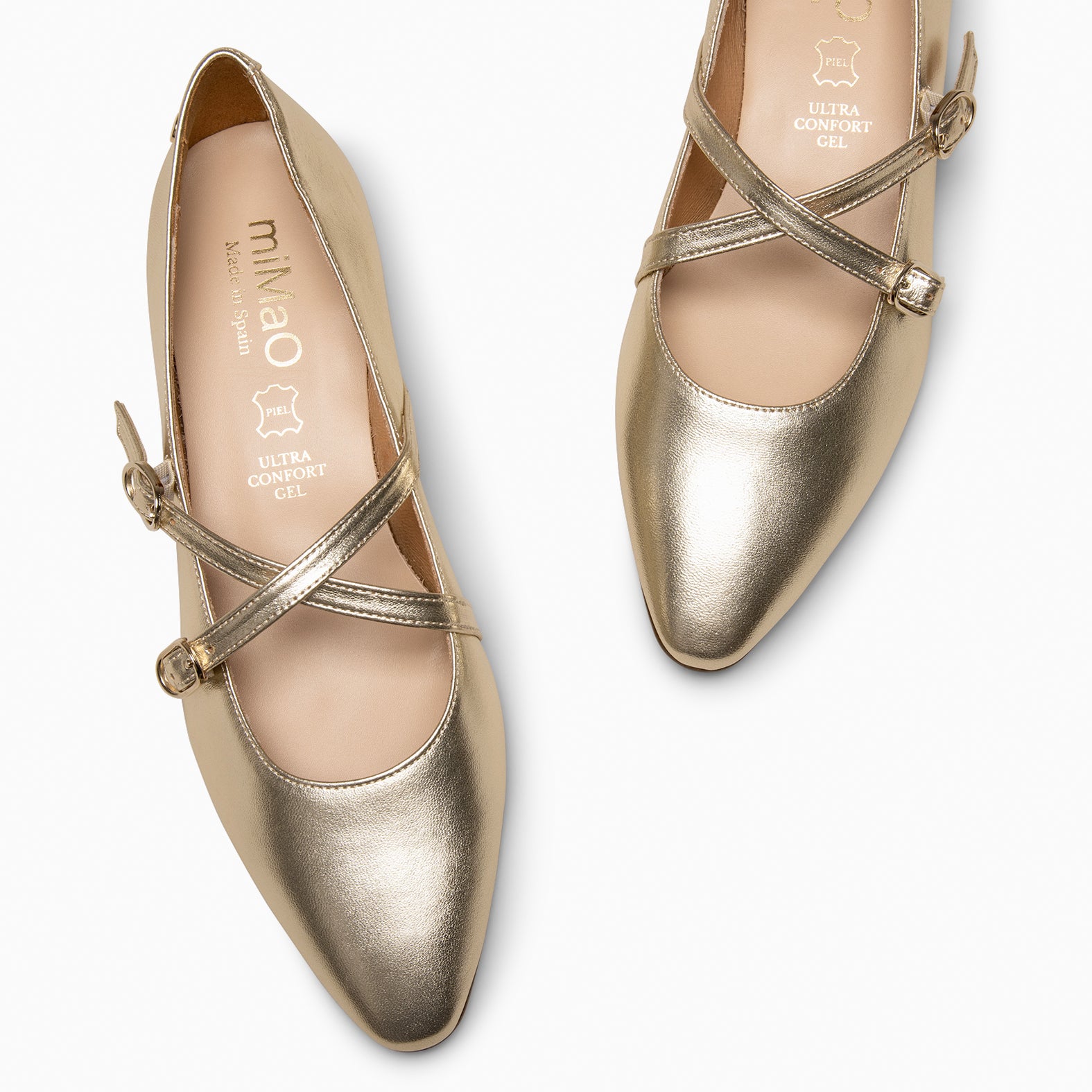 TERESA - Mercedita de tacón bajo con tiras cruzadas PLATINO - miMaO ®