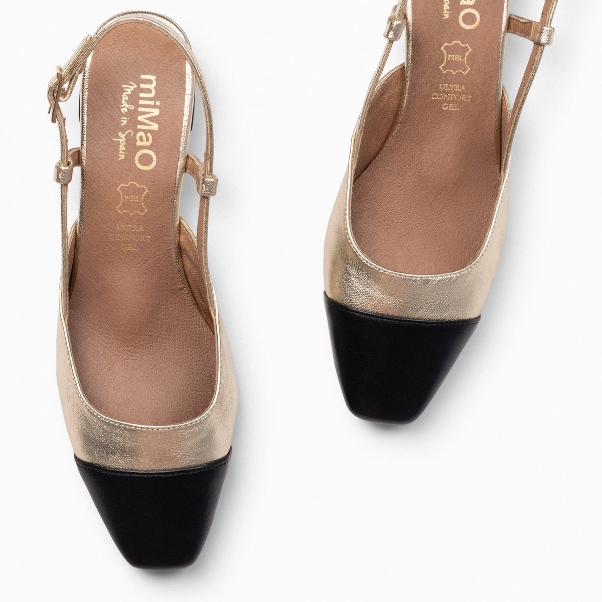 AUDREY – Manoletinas destalonadas bicolor con tacón ORO