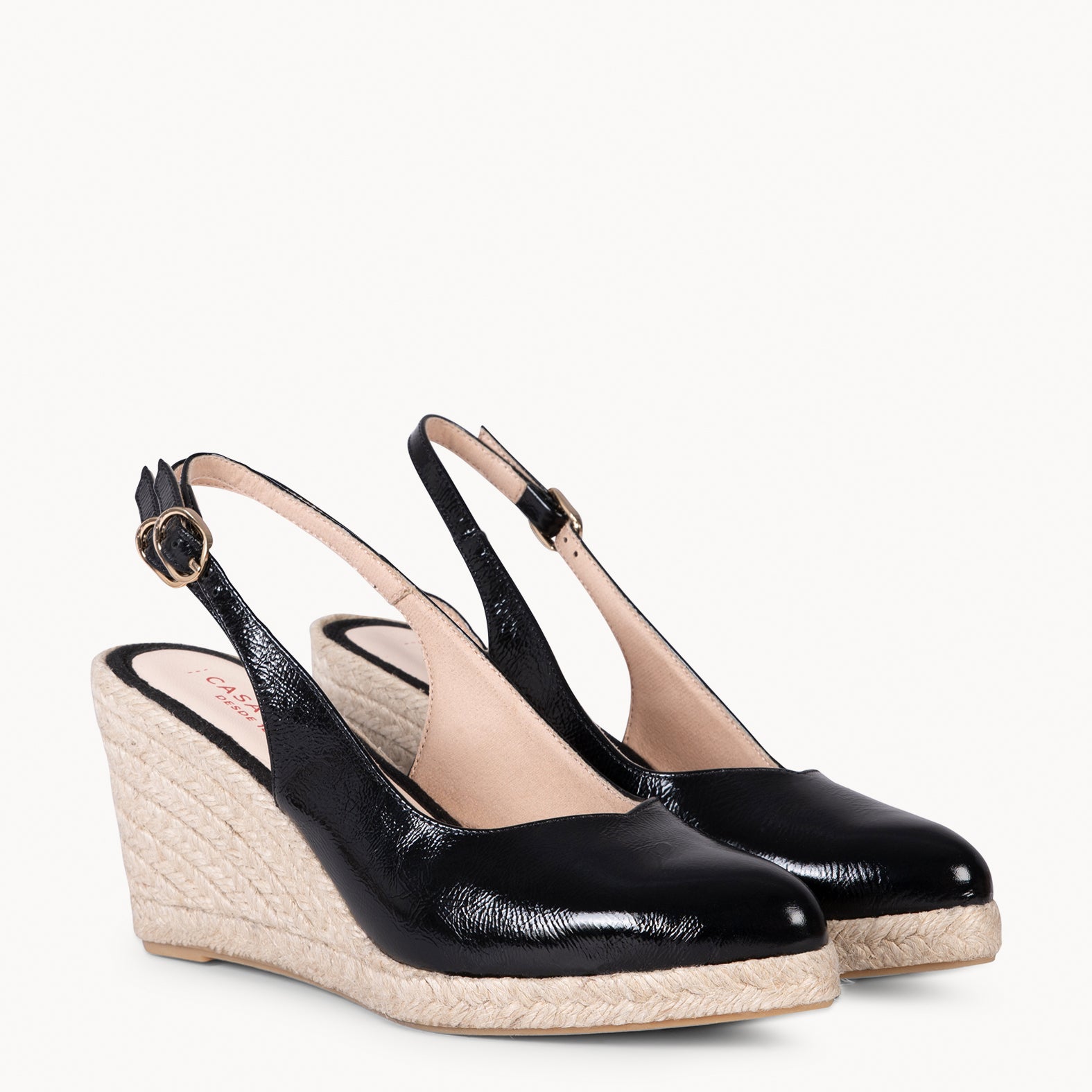 ALBA - BLACK leather wedge with polished jute