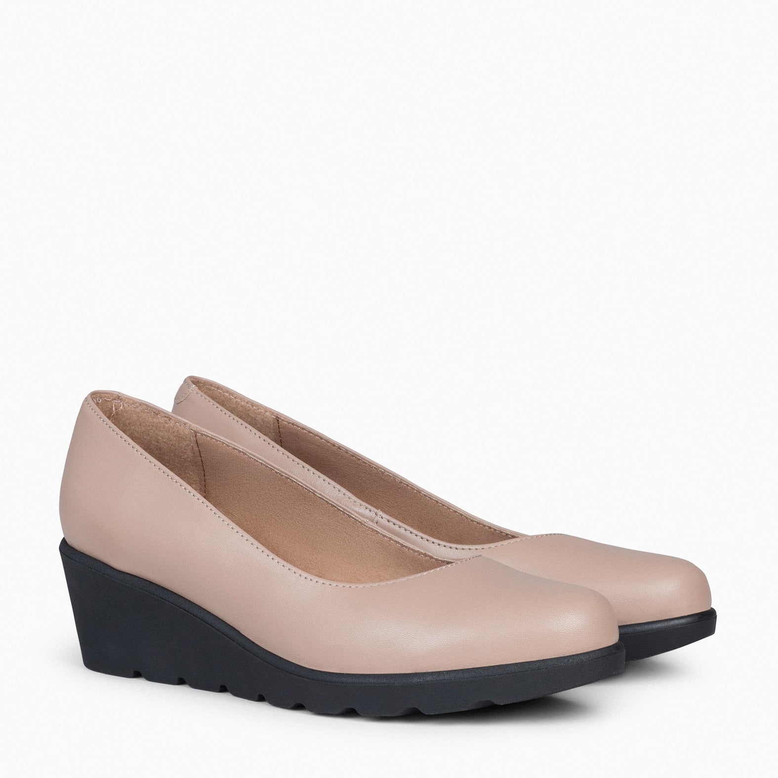 Taupe wedge clearance pumps