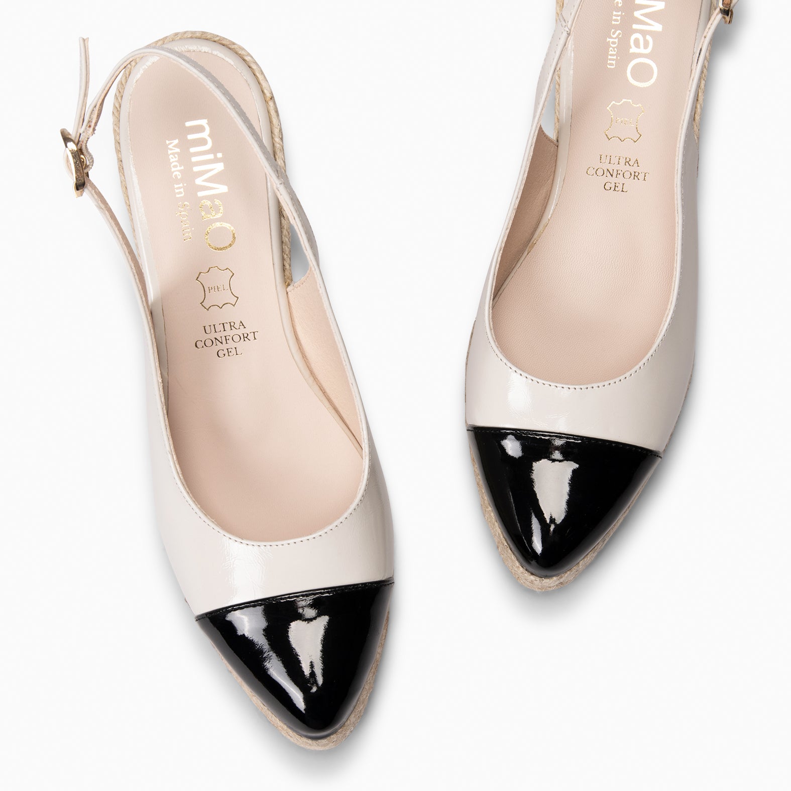 BIARRITZ - CUÑA DE ESPARTO BEIGE CON PUNTERA NEGRA DE CHAROL