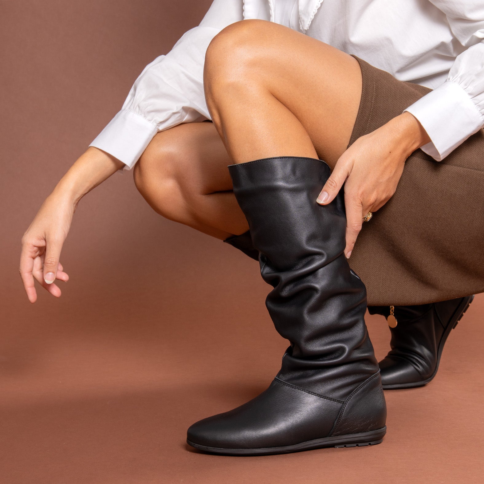 FIONA - Botas arrugadas de piel MARRON