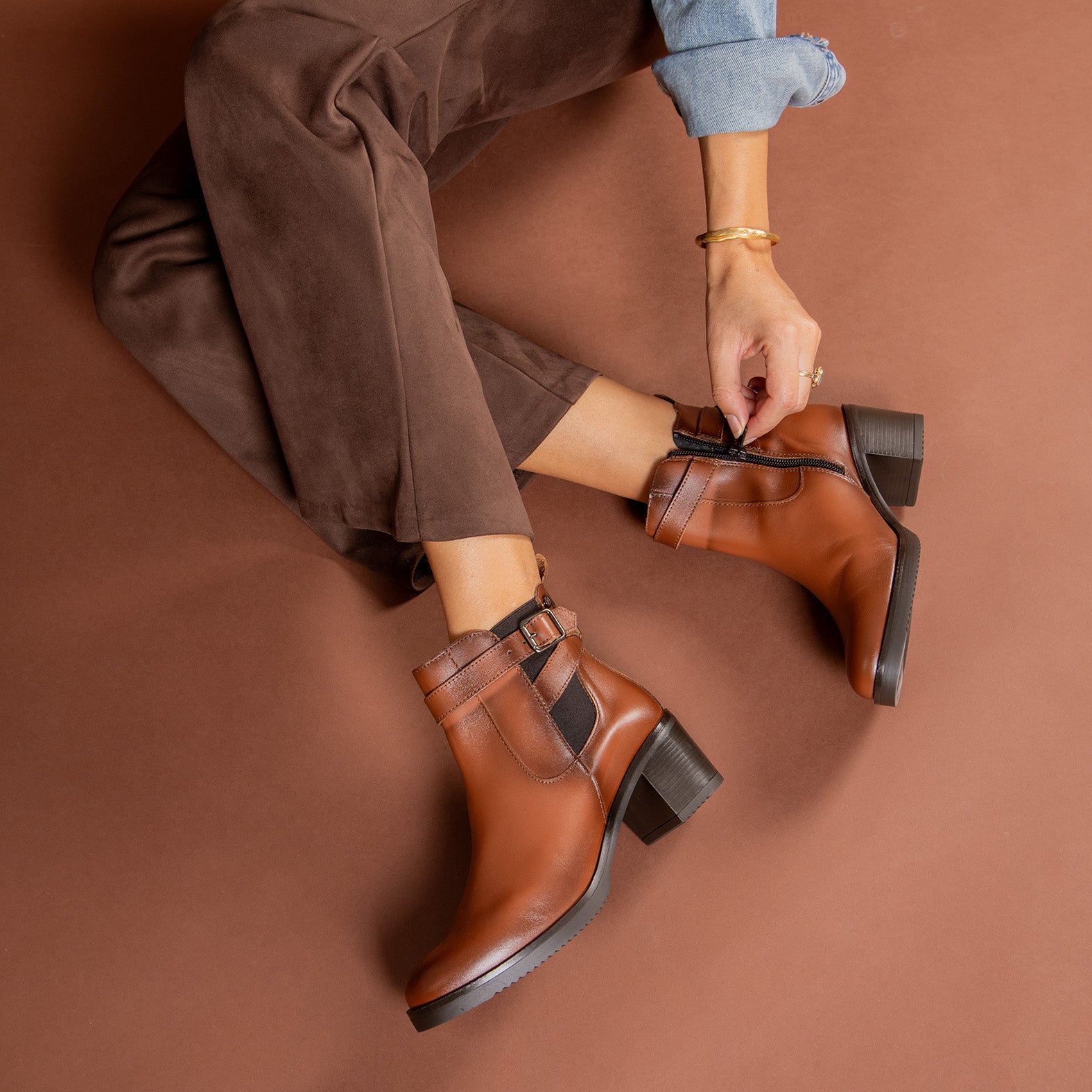 LEMY - Botines CAMEL de piel de napa