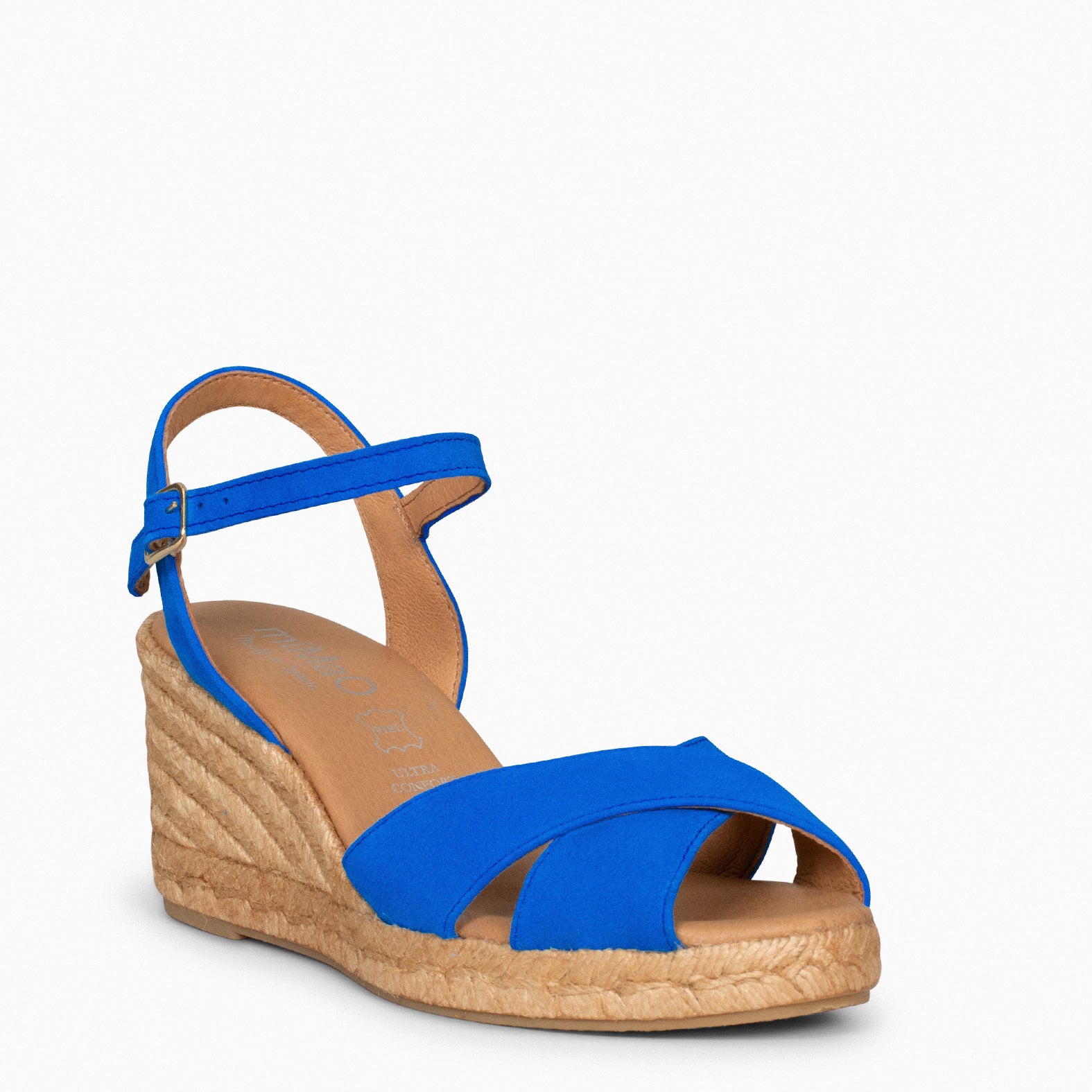 CALPE – Cuñas de Esparto artesanal con tiras y hebilla AZUL ELÉCTRICO