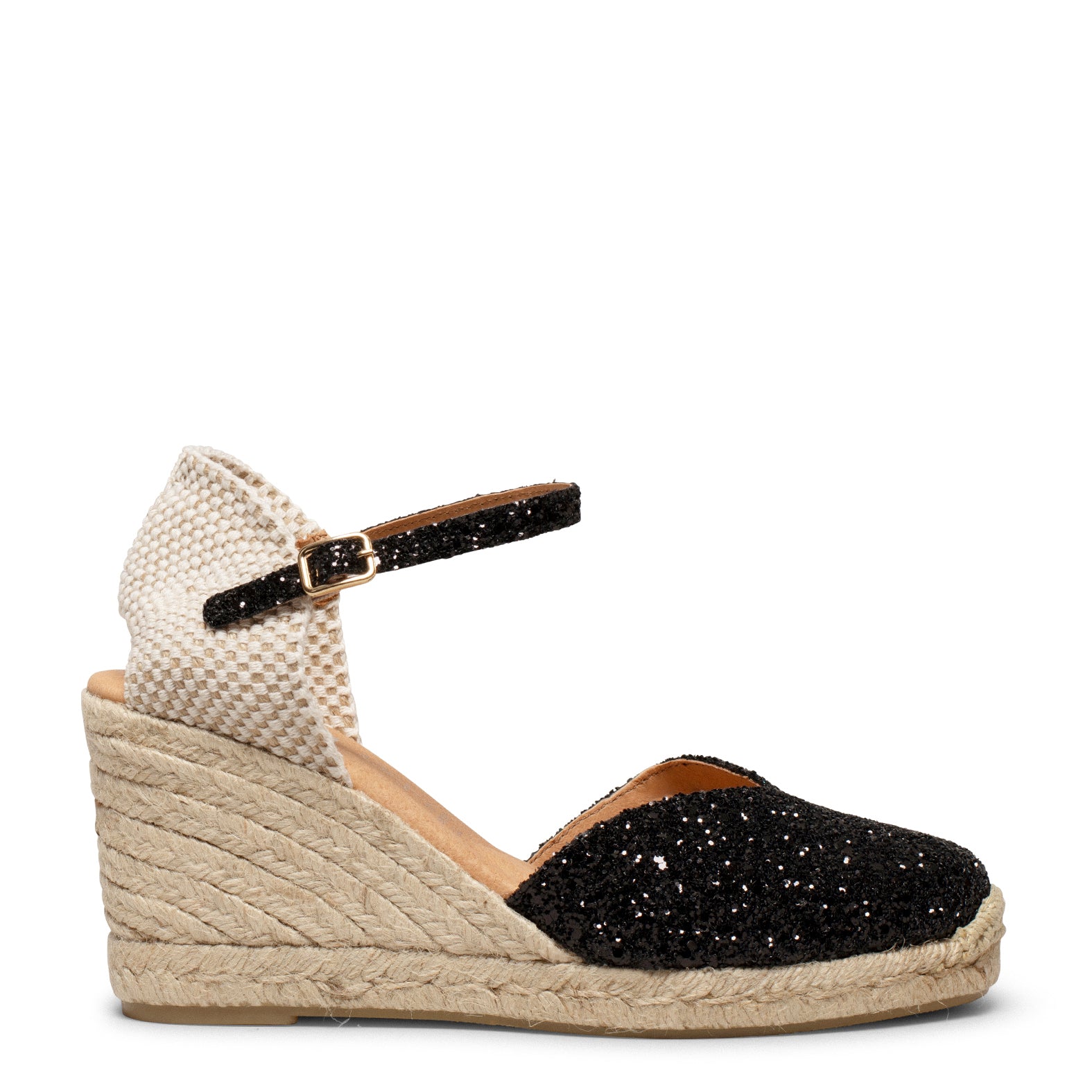 NERJA GLITTER - BLACK ESPADRILLE WEDGE SHOES