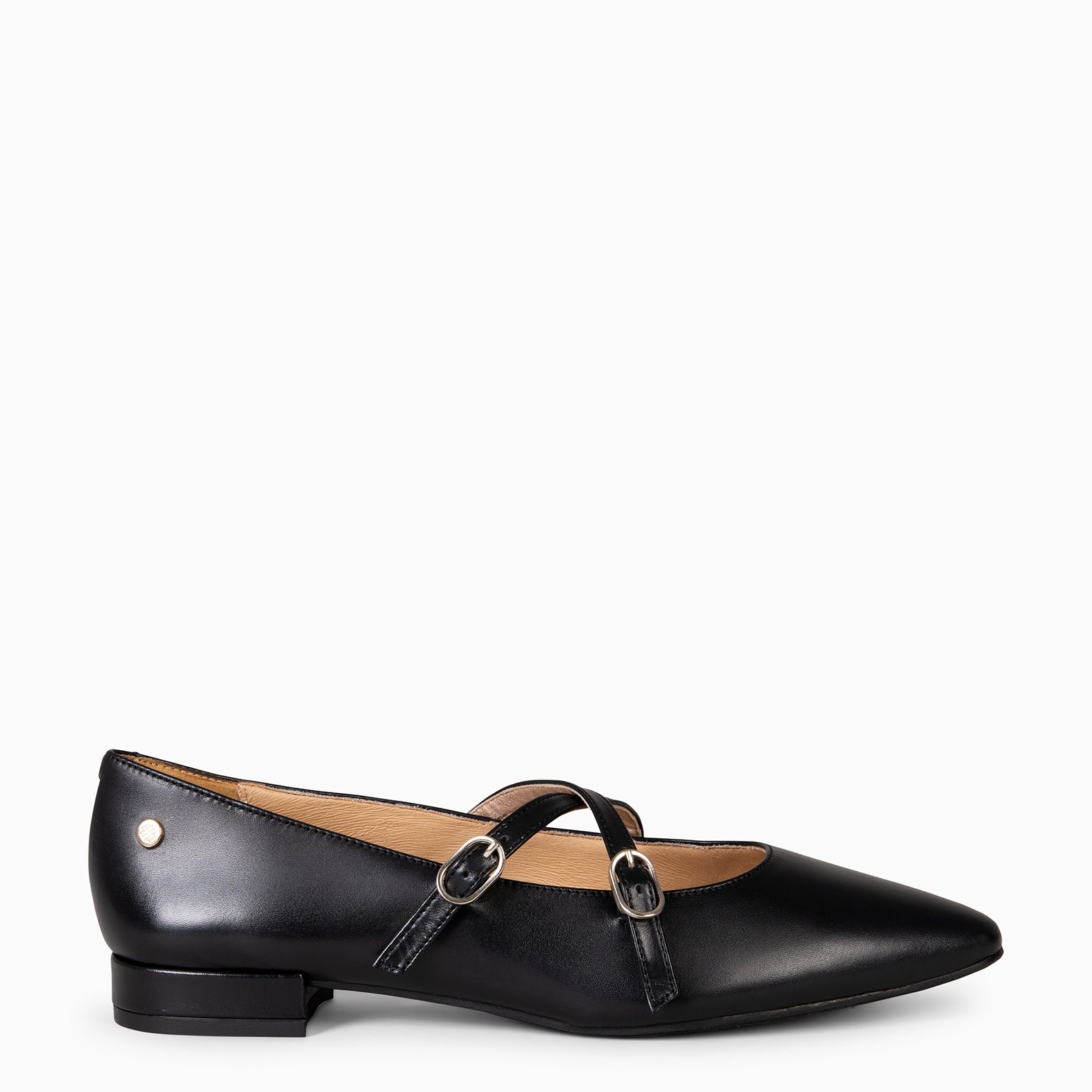 TERESA - BLACK MARY JANES LOW HEELED WITH CROSS STRAPS