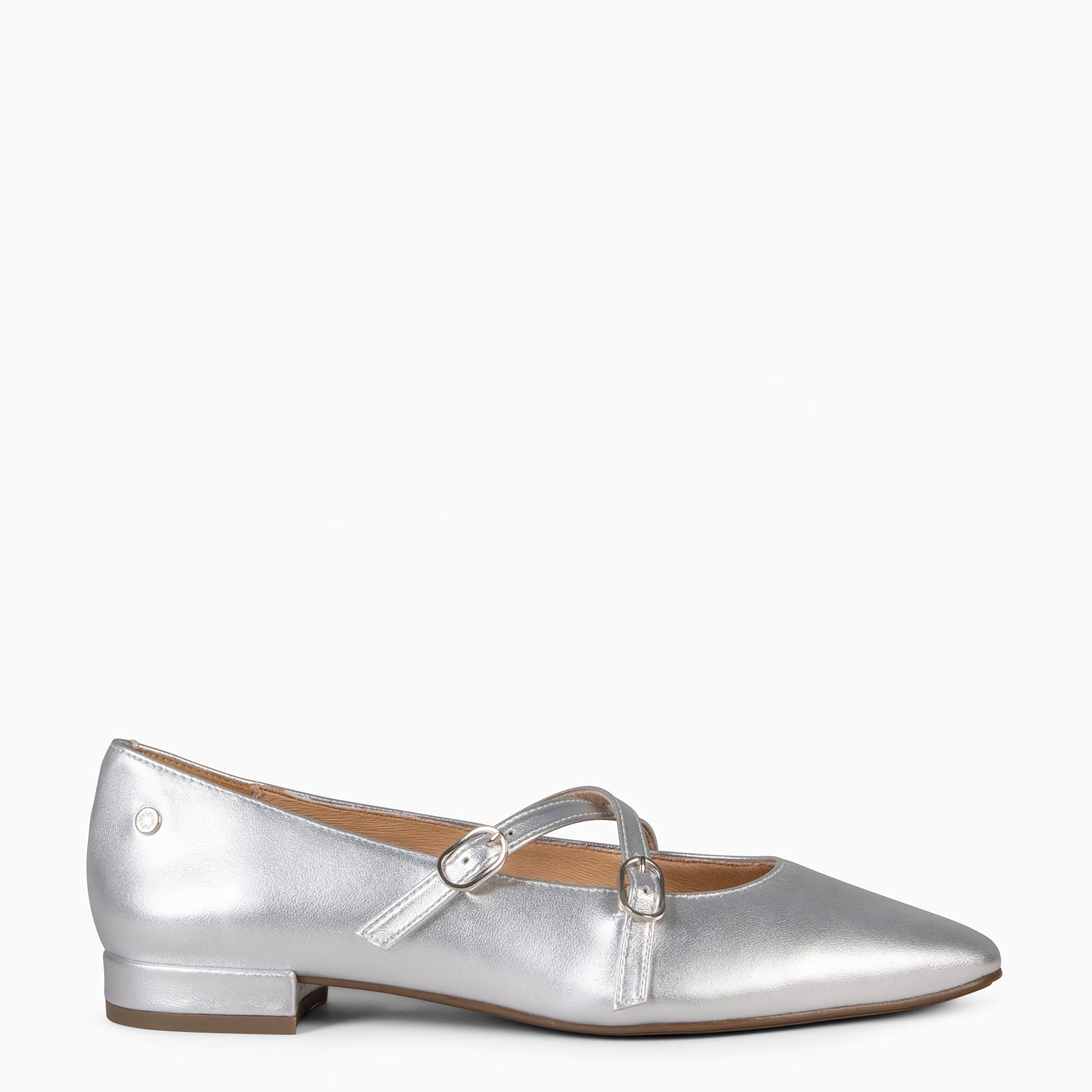TERESA - SILVER MARY JANES LOW HEELED WITH CROSS STRAPS