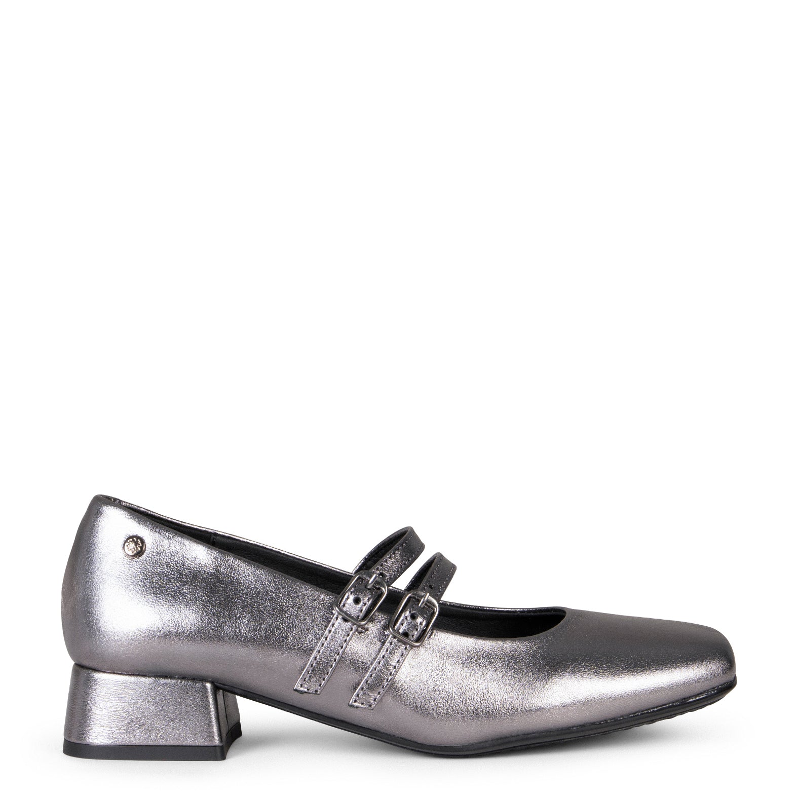 AURA – Mary Jane à double boucle en cuir vernis ARGENTÉ