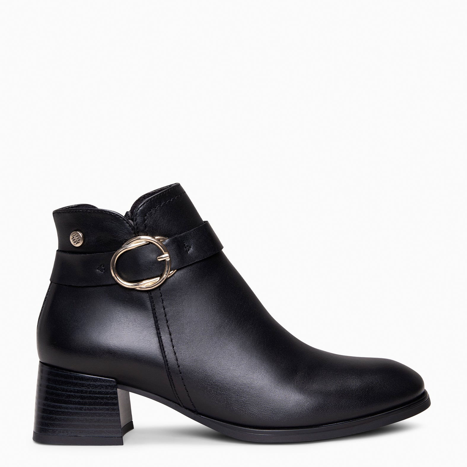GELI - BLACK nappa leather ankle boots with a gold buckle