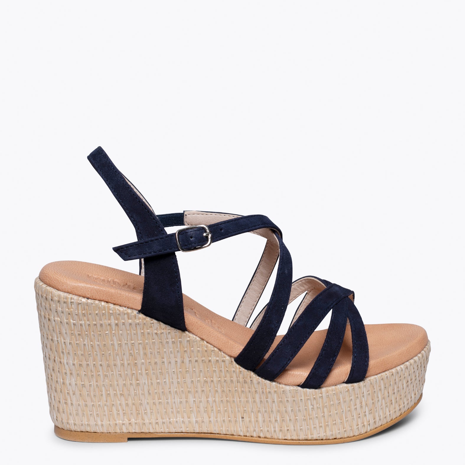 MICONOS Cuña con plataforma de rafia y tiras cruzadas AZUL MARINO