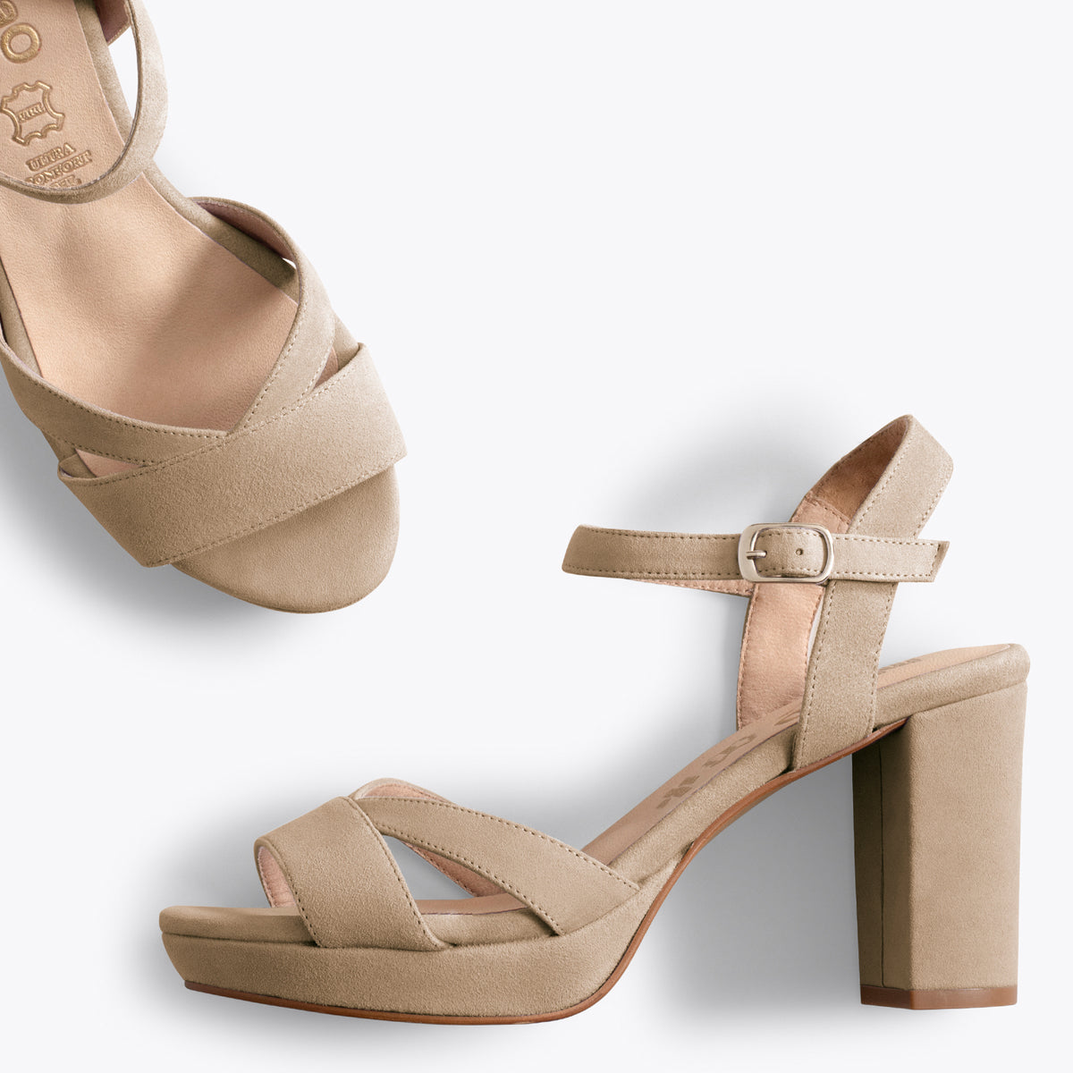 PARIS - Sandales avec talon large et plateforme CAMEL