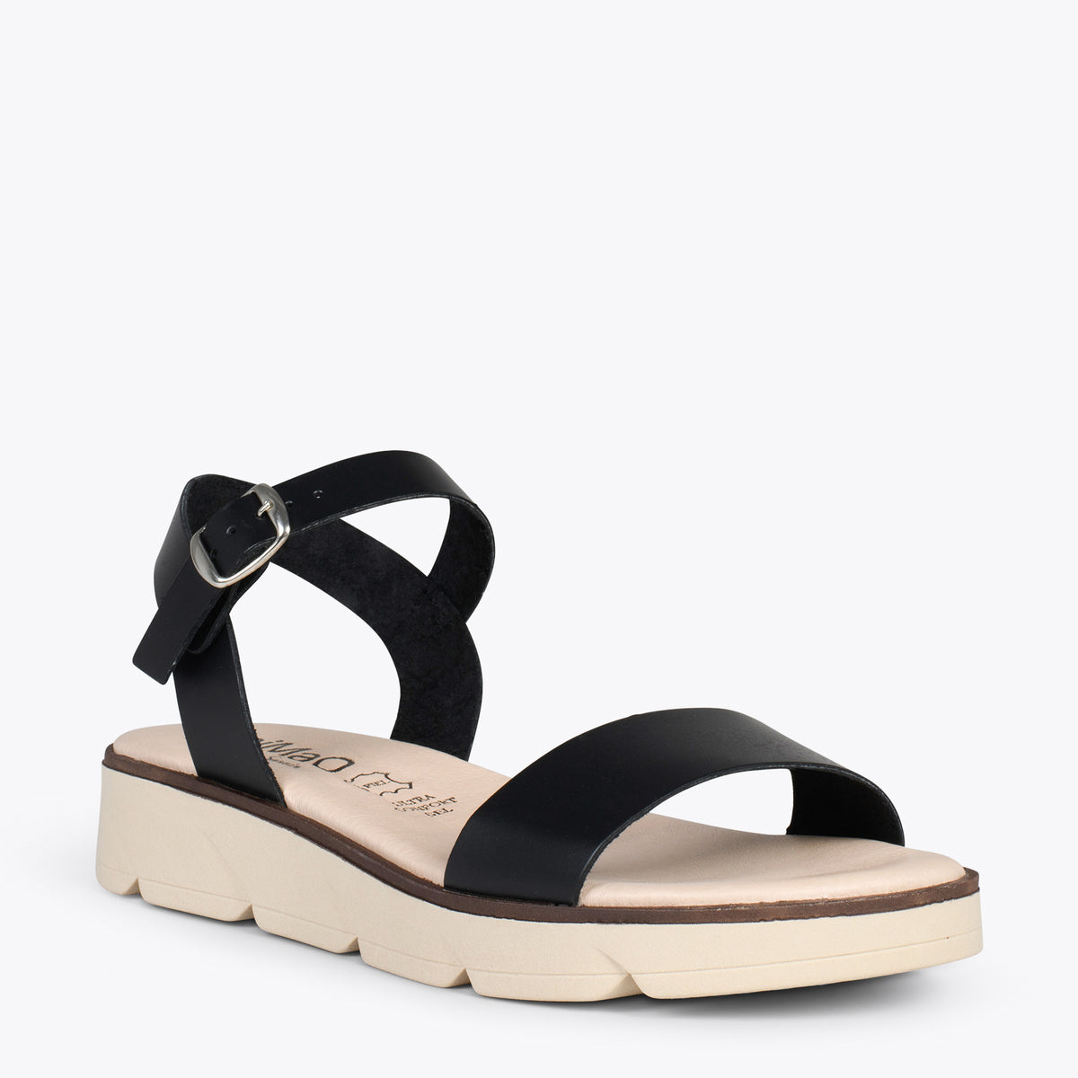 RIVER – BLACK leather flat sandals with wedge