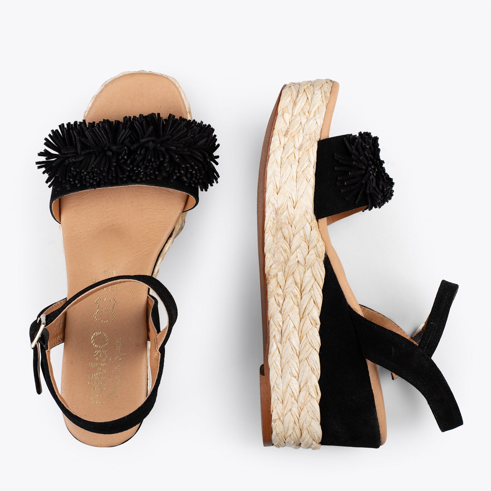 FLOWER – Cuñas forradas de rafia con pompón NEGRO