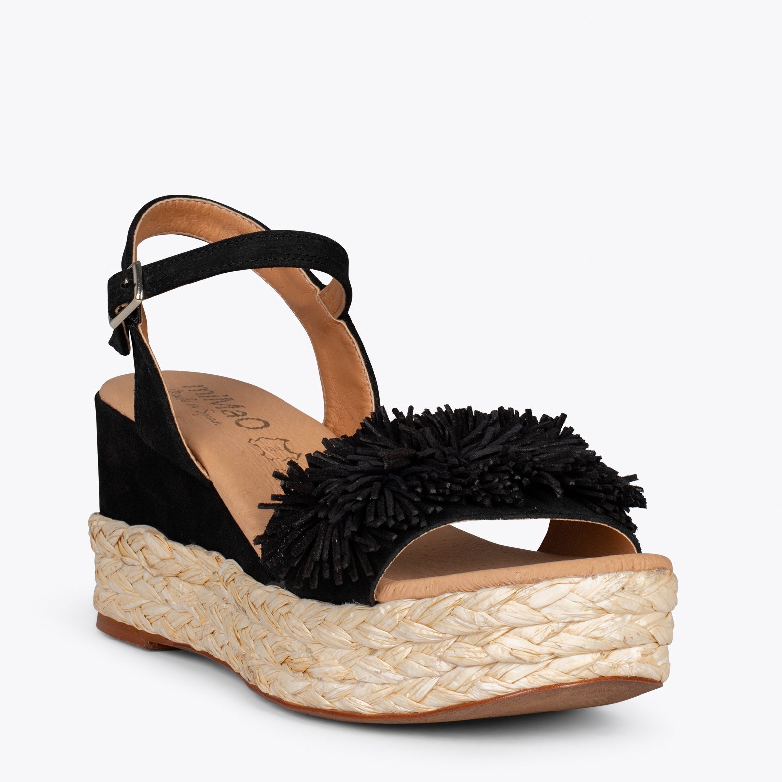 FLOWER – Cuñas forradas de rafia con pompón NEGRO