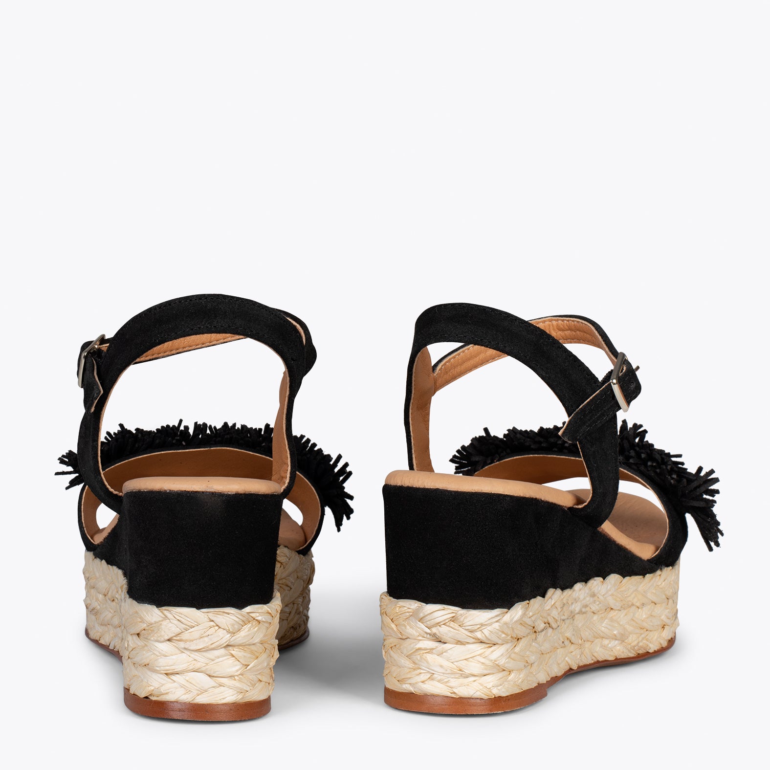 FLOWER – Cuñas forradas de rafia con pompón NEGRO