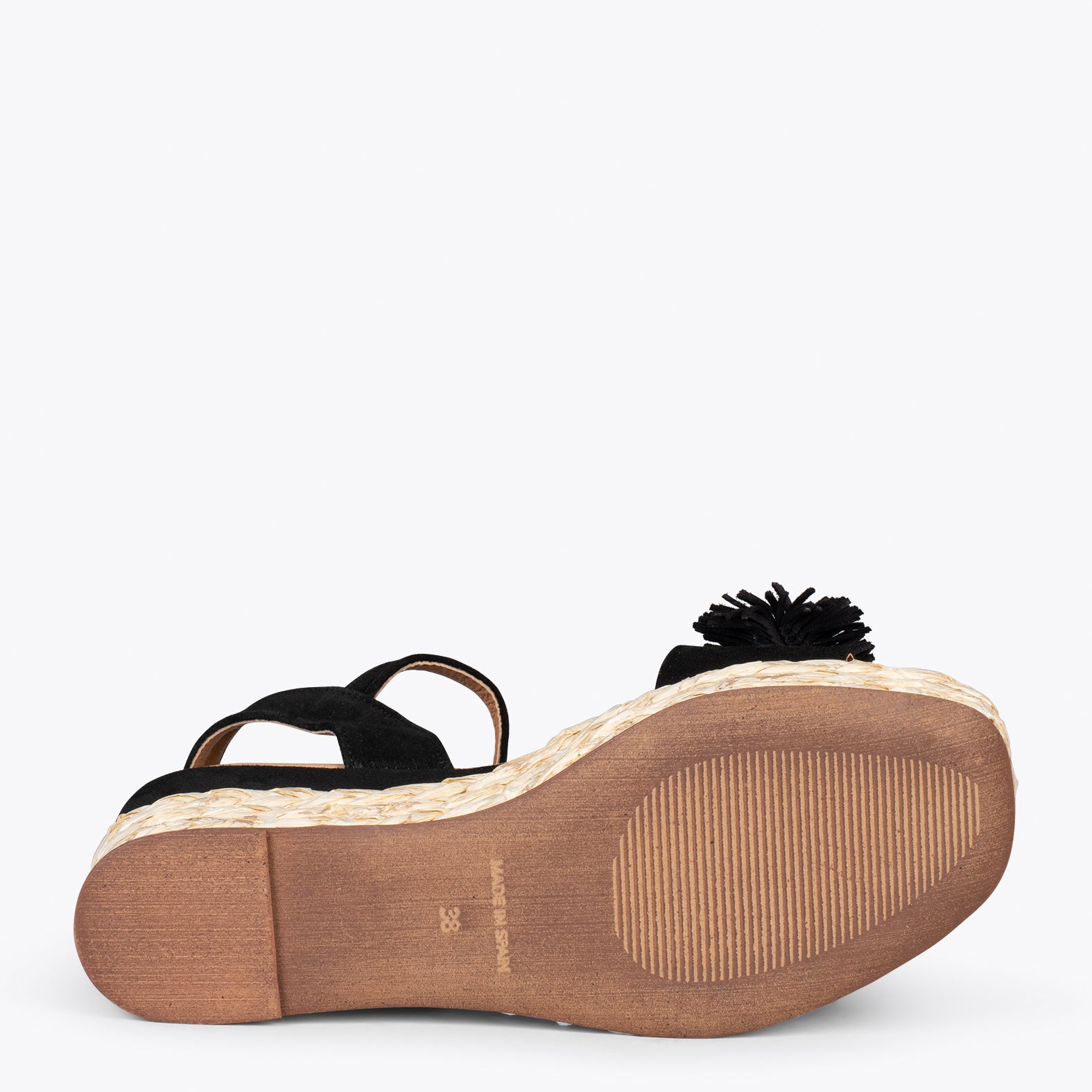 FLOWER – Cuñas forradas de rafia con pompón NEGRO