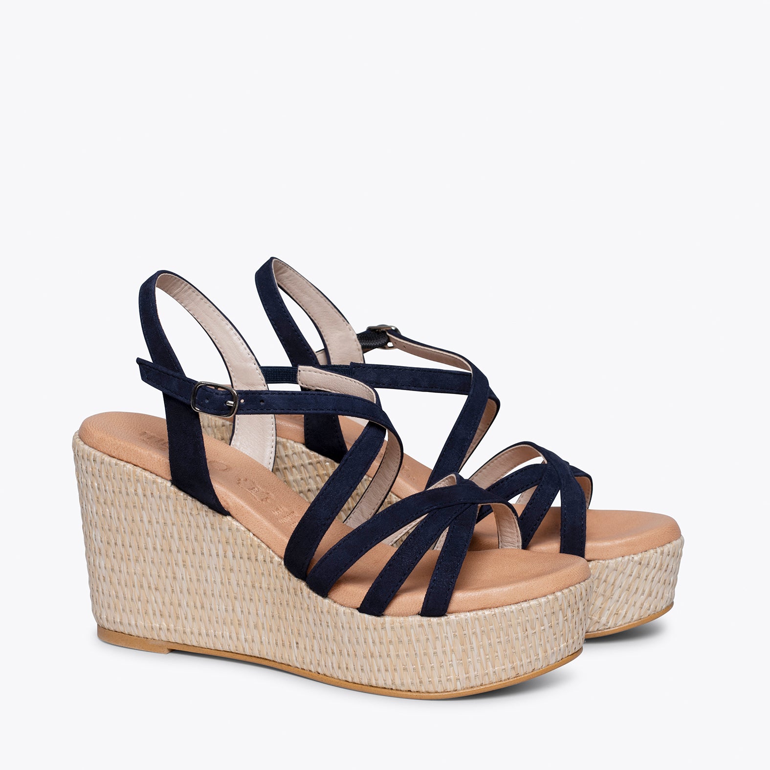 MICONOS Cuña con plataforma de rafia y tiras cruzadas AZUL MARINO