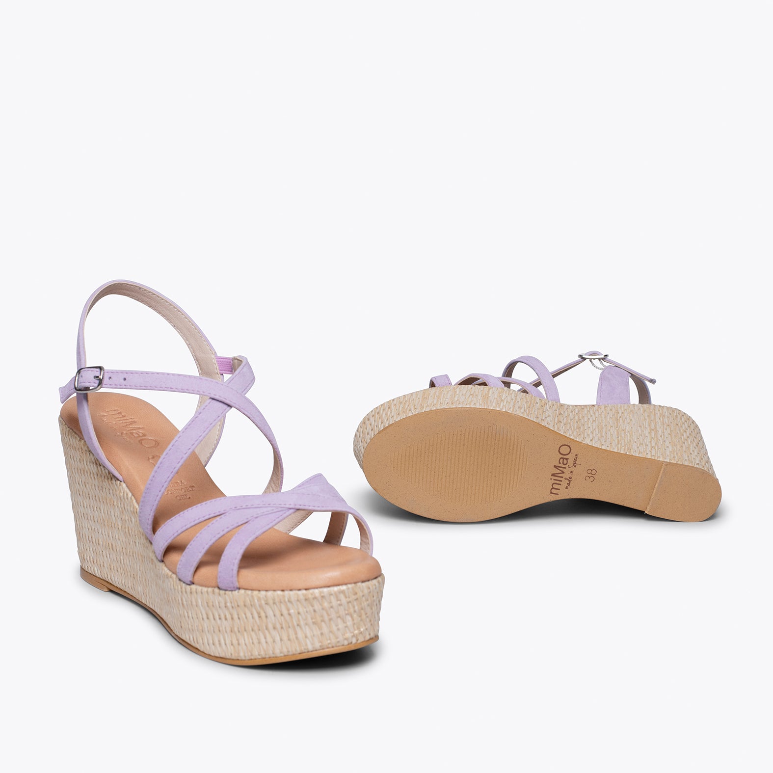 MICONOS Cuña con plataforma de rafia y tiras cruzadas MALVA
