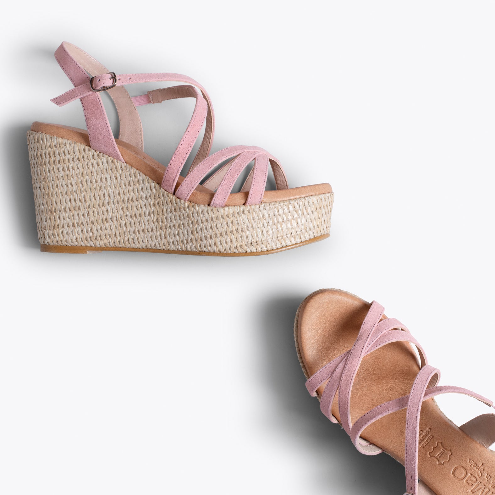 MICONOS Cuña con plataforma de rafia y tiras cruzadas ROSA