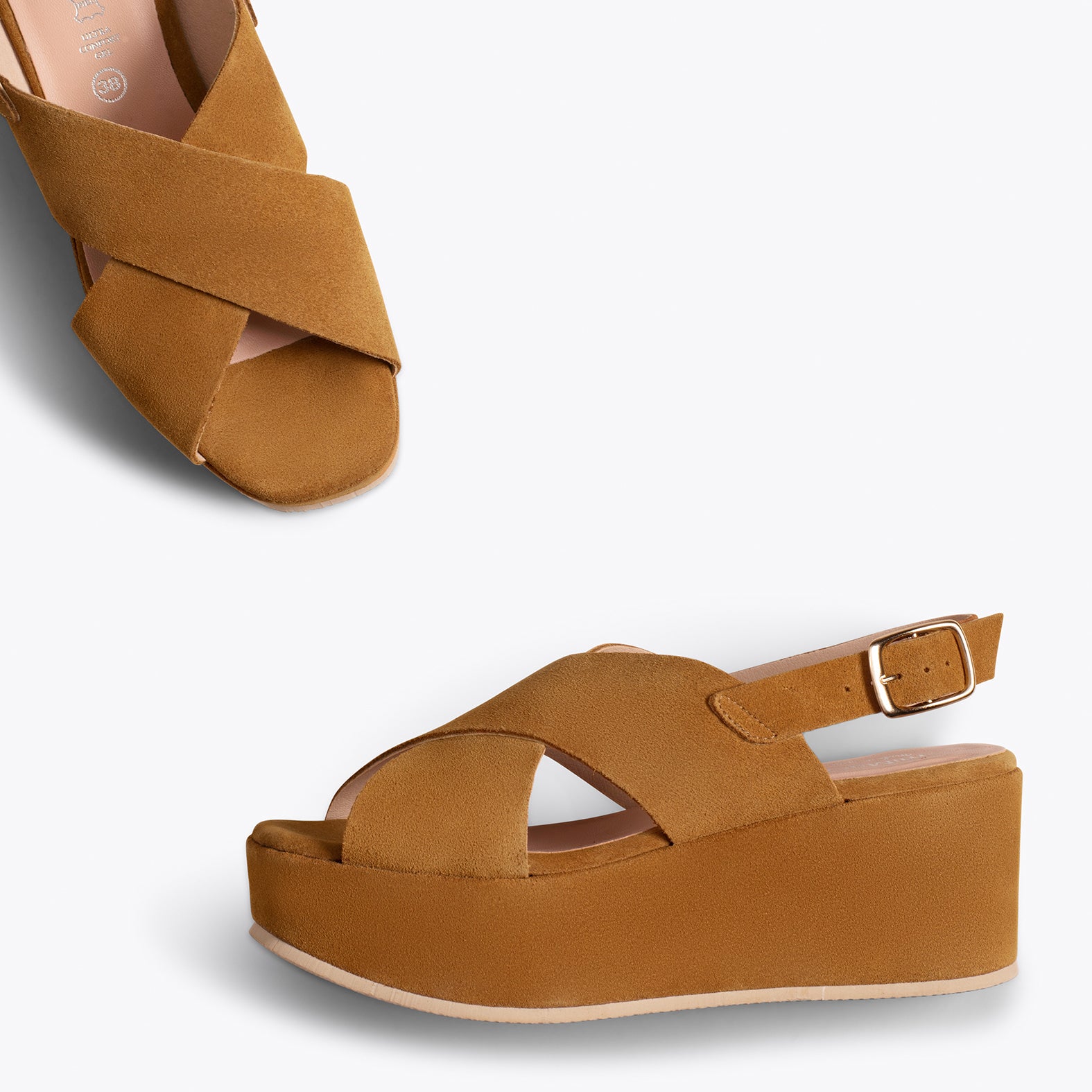 MARA - Sandalia plataforma y tiras cruzadas CAMEL