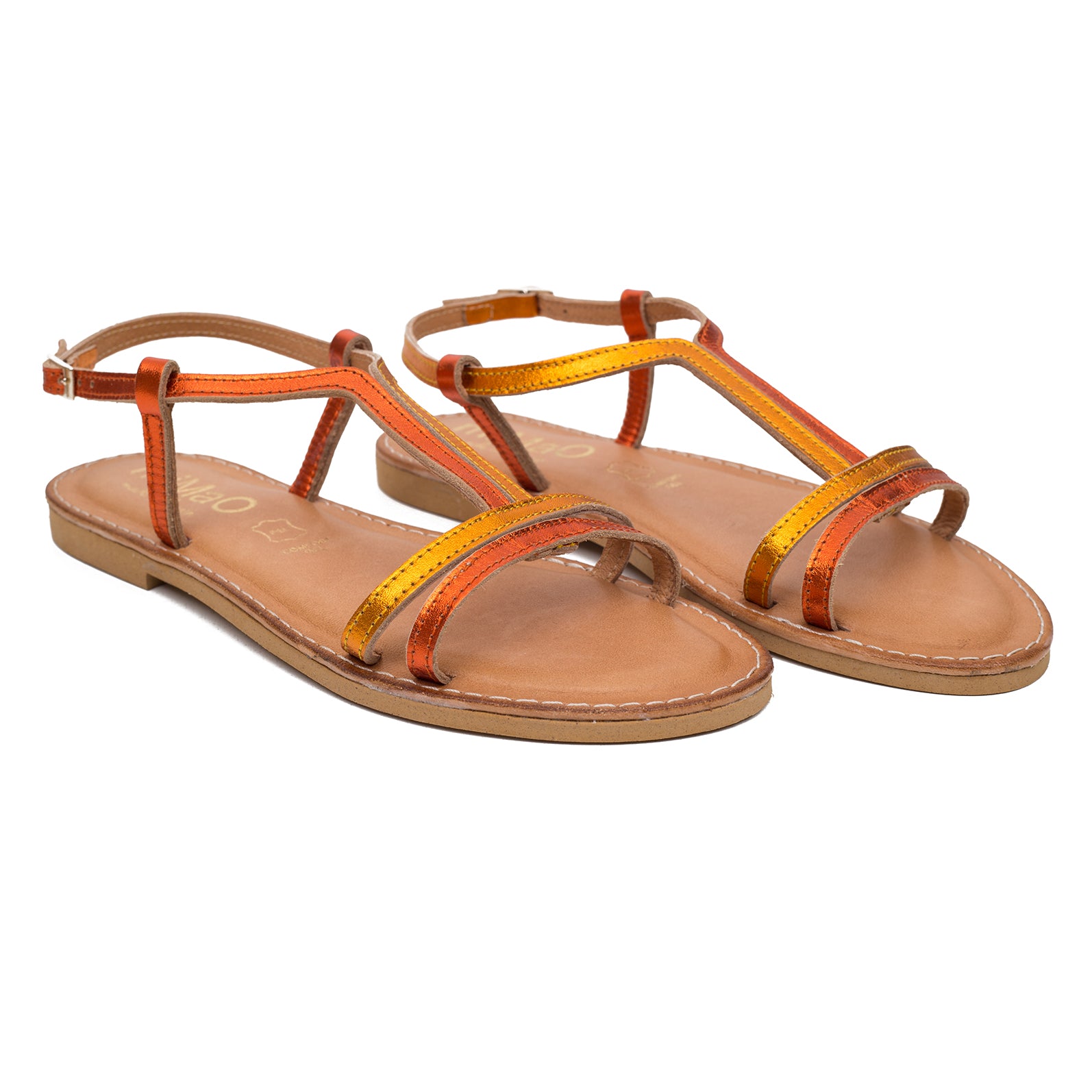 PLANA – Sandalia plana metalizada bicolor NARANJA