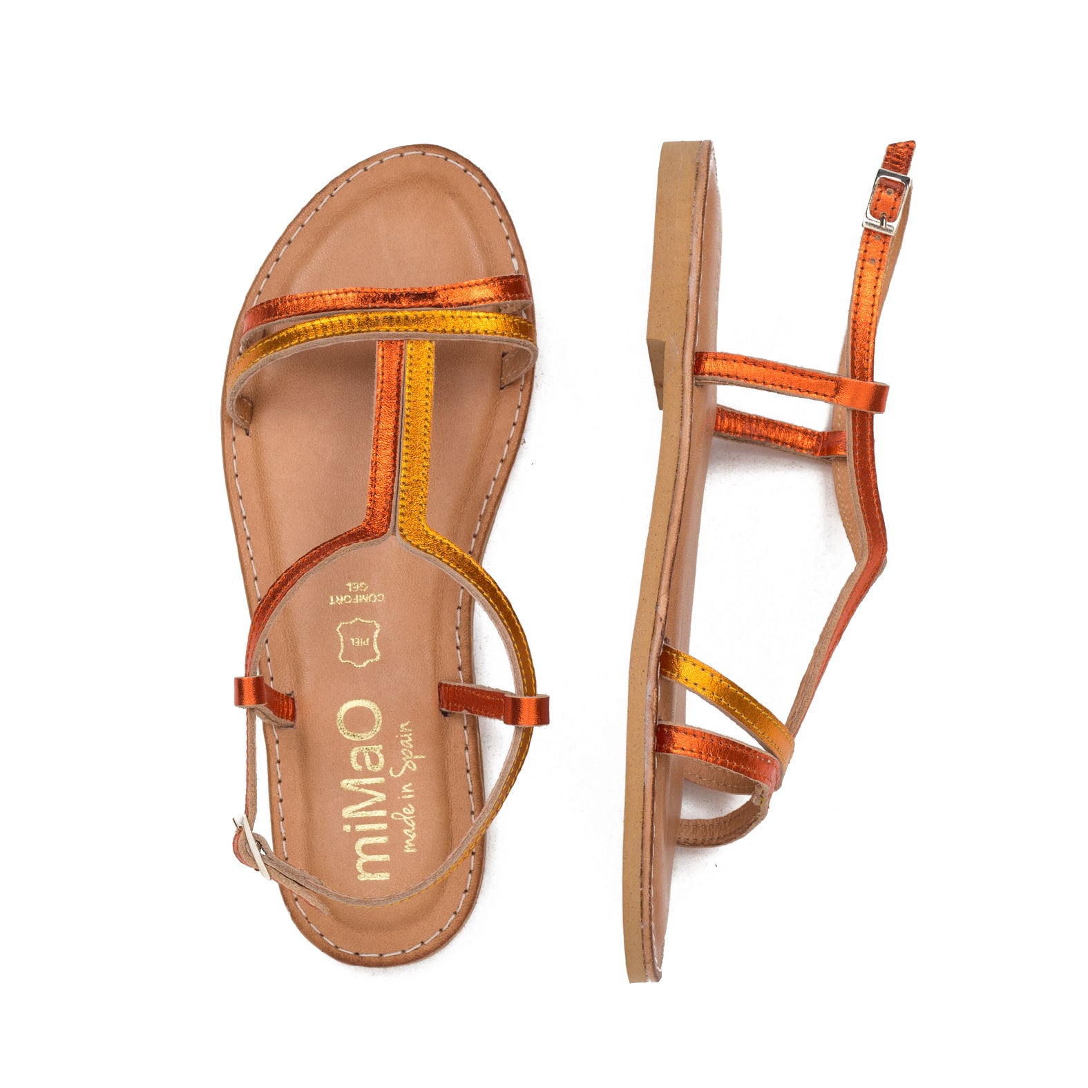 PLANA – Sandalia plana metalizada bicolor NARANJA