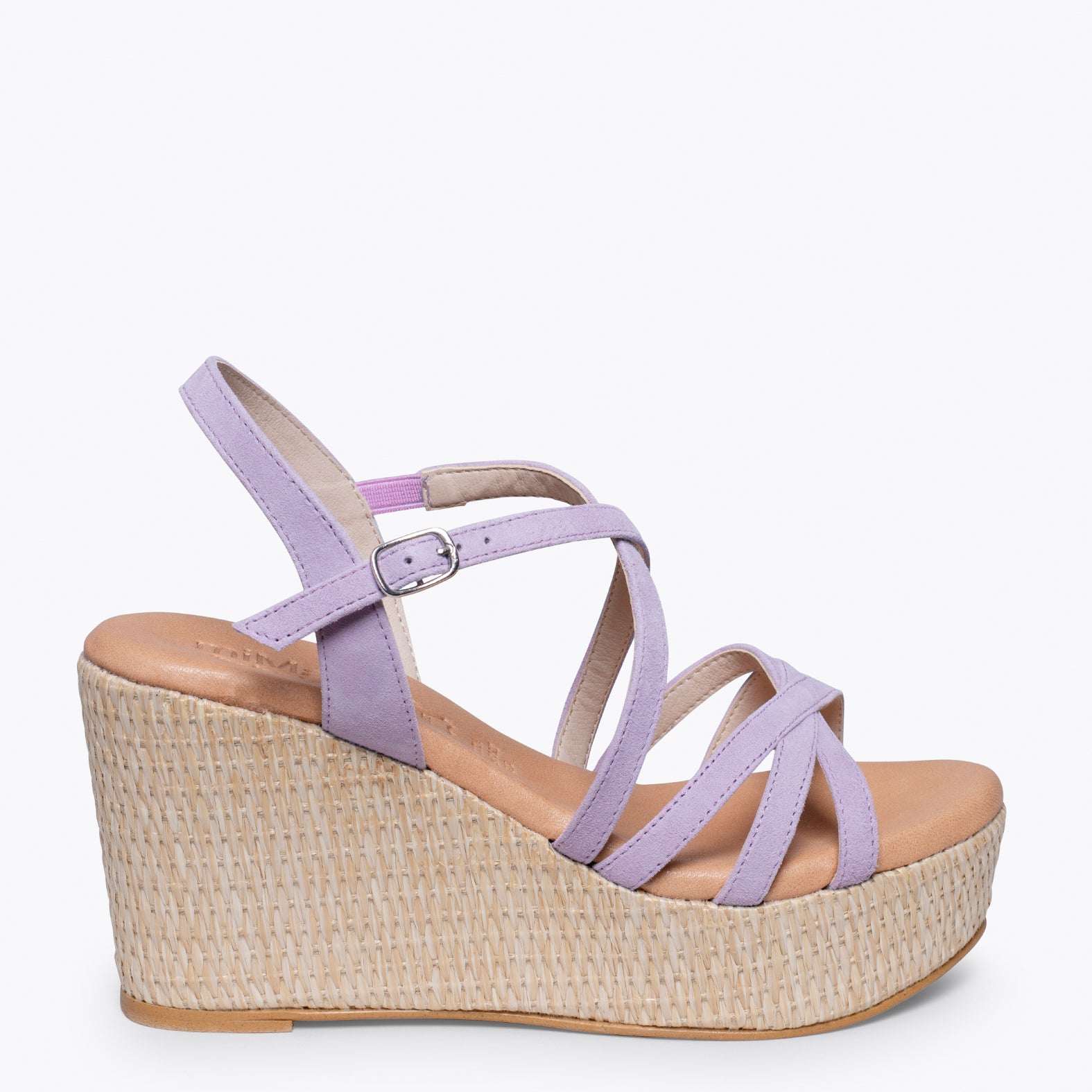MICONOS Cuña con plataforma de rafia y tiras cruzadas MALVA