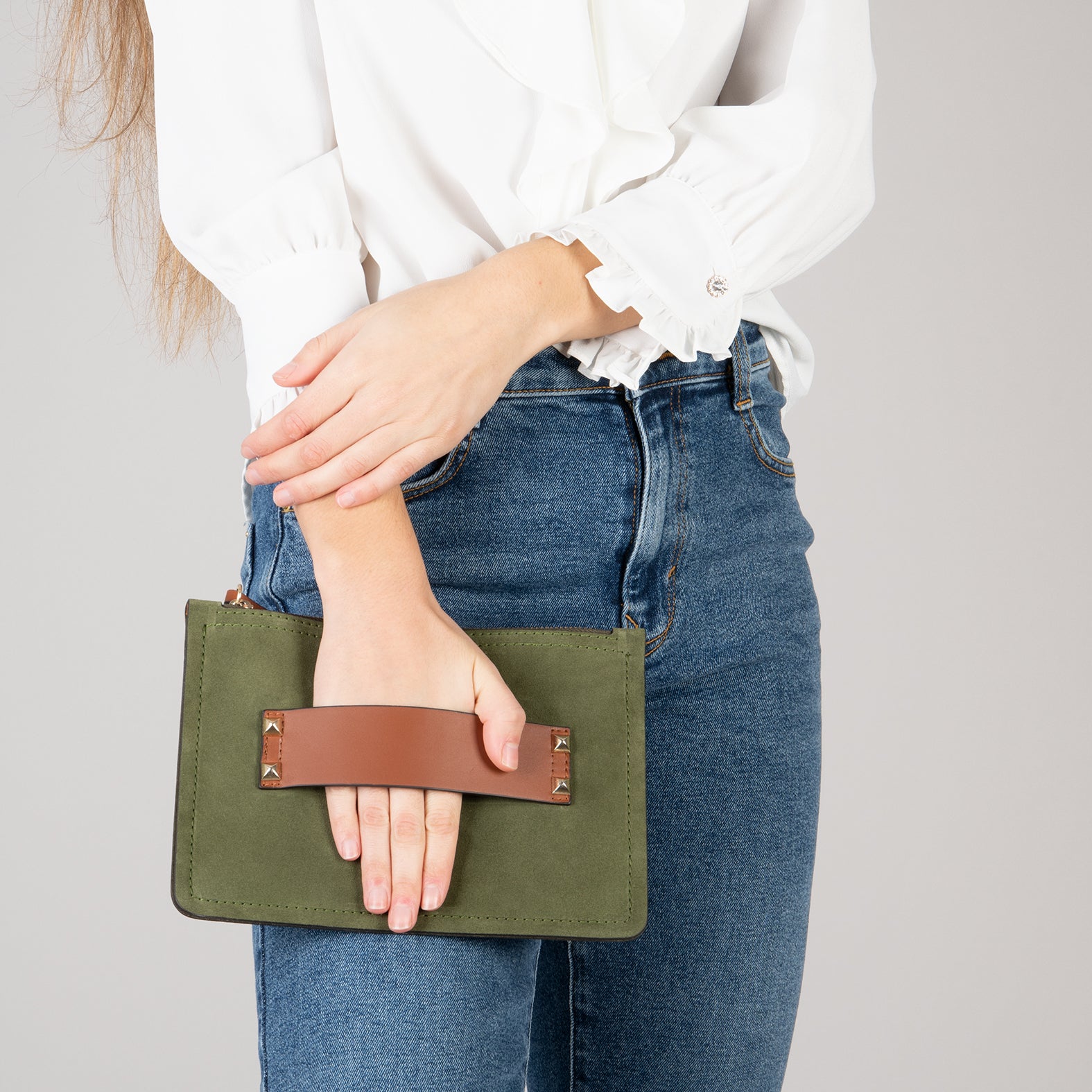 CLASSIC Bolso bandolera de piel con doble cremallera VERDE