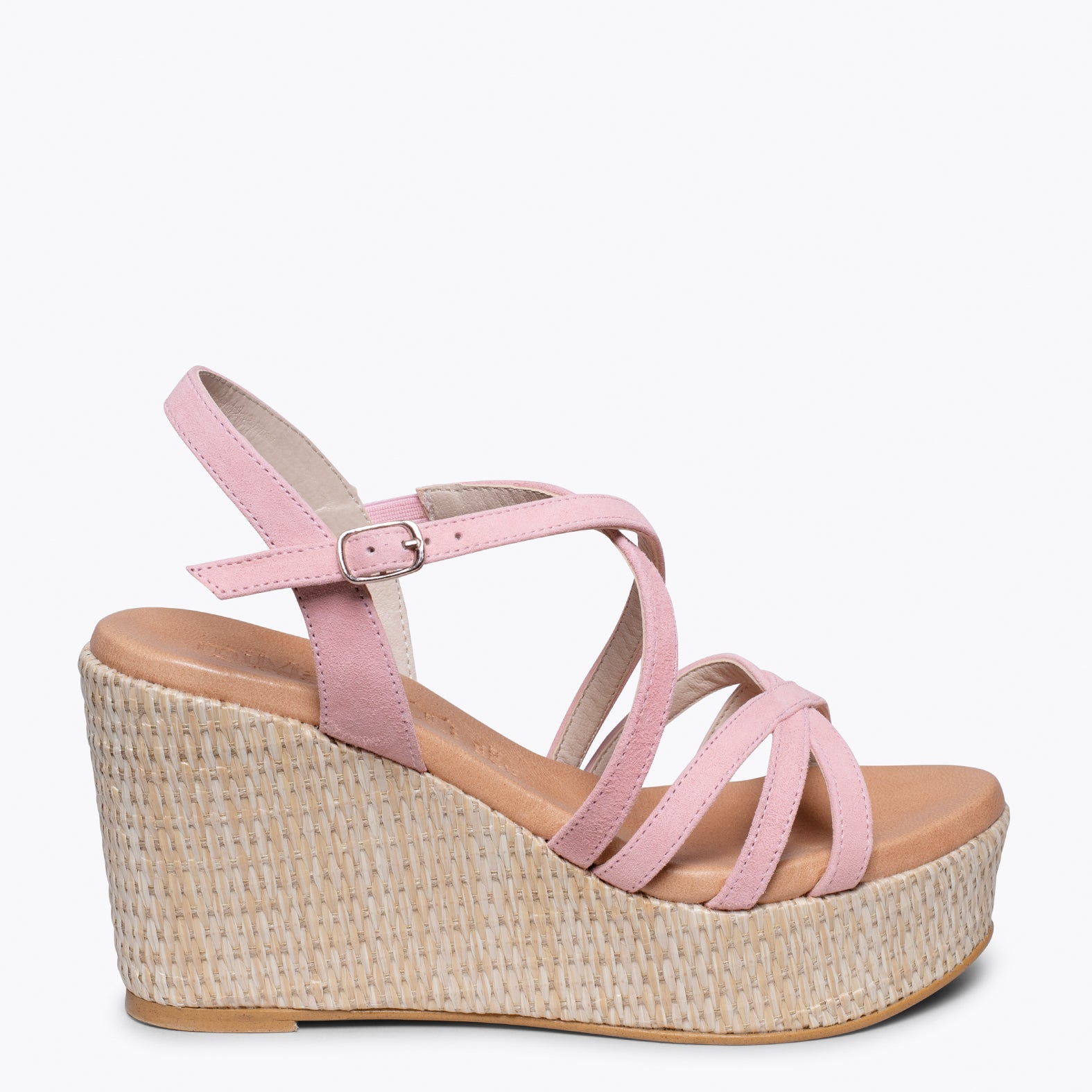 MICONOS Cuña con plataforma de rafia y tiras cruzadas ROSA
