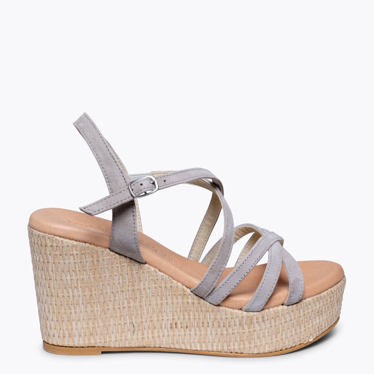 MICONOS Cuña con plataforma de rafia y tiras cruzadas GRIS