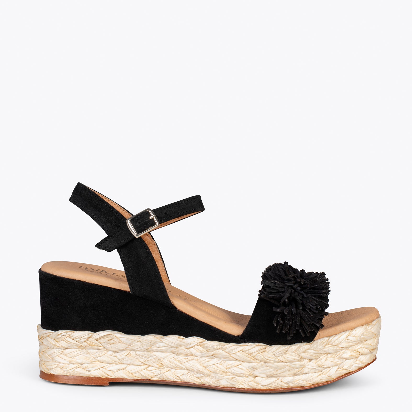 FLOWER – Cuñas forradas de rafia con pompón NEGRO