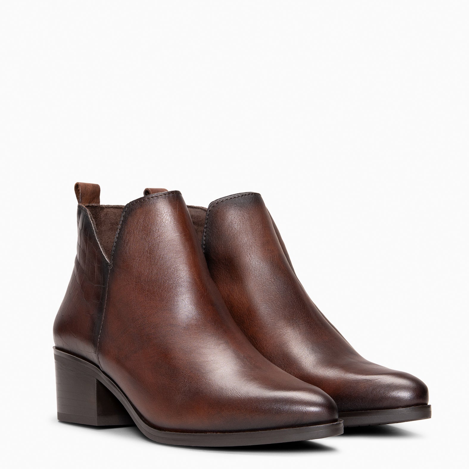 SHELLY - Bottines à talon en cuir double texture MARRON