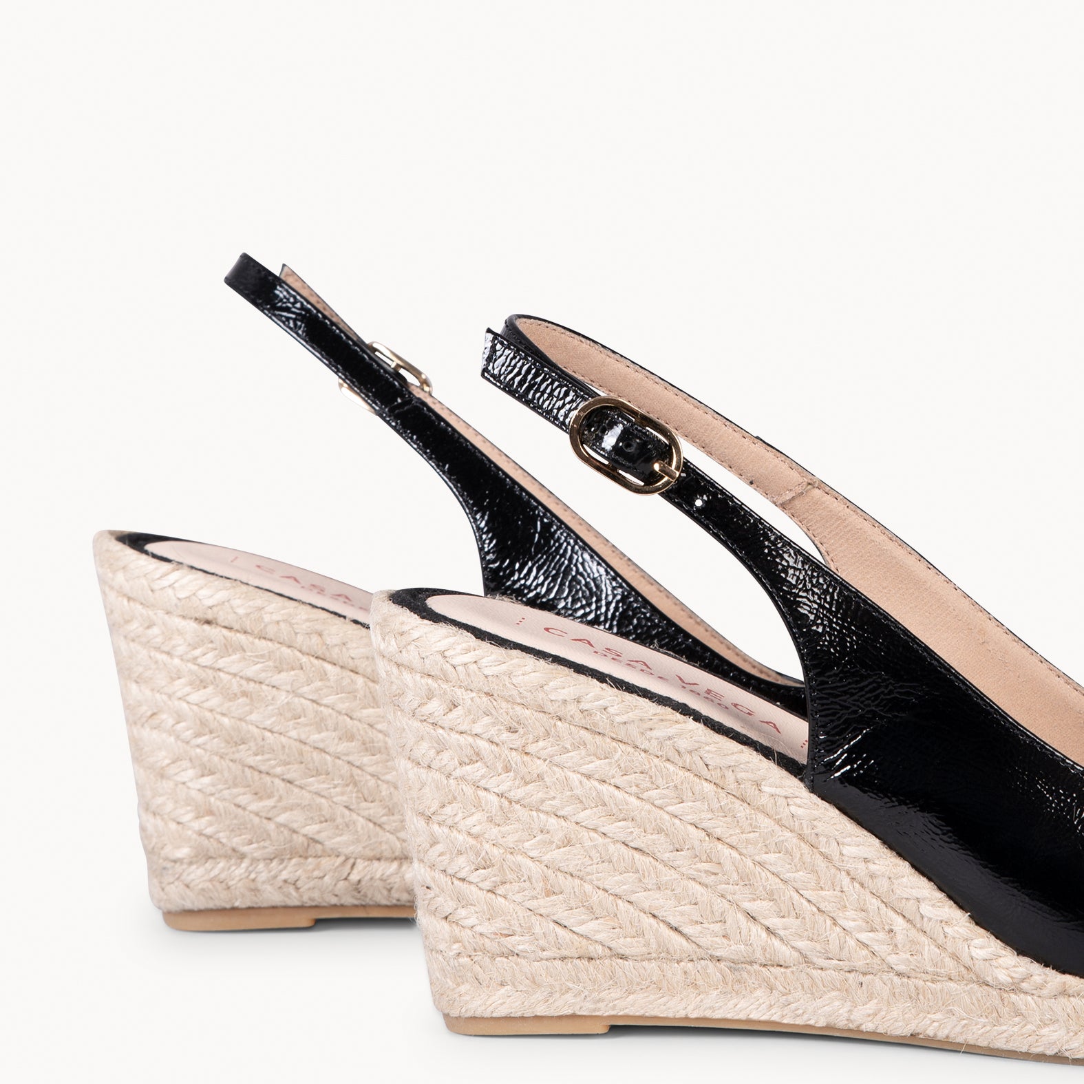 ALBA - BLACK leather wedge with polished jute