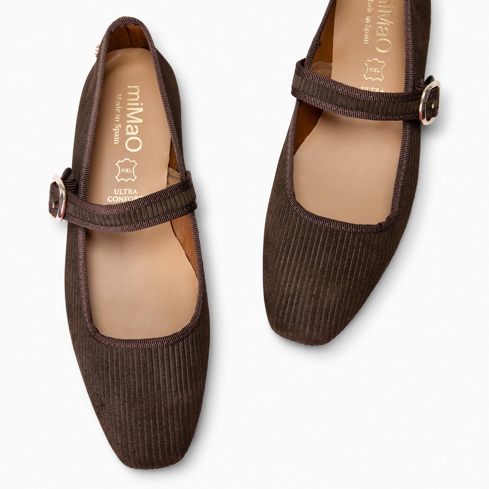 LARA - Merceditas con tira de serraje efecto pana MARRON