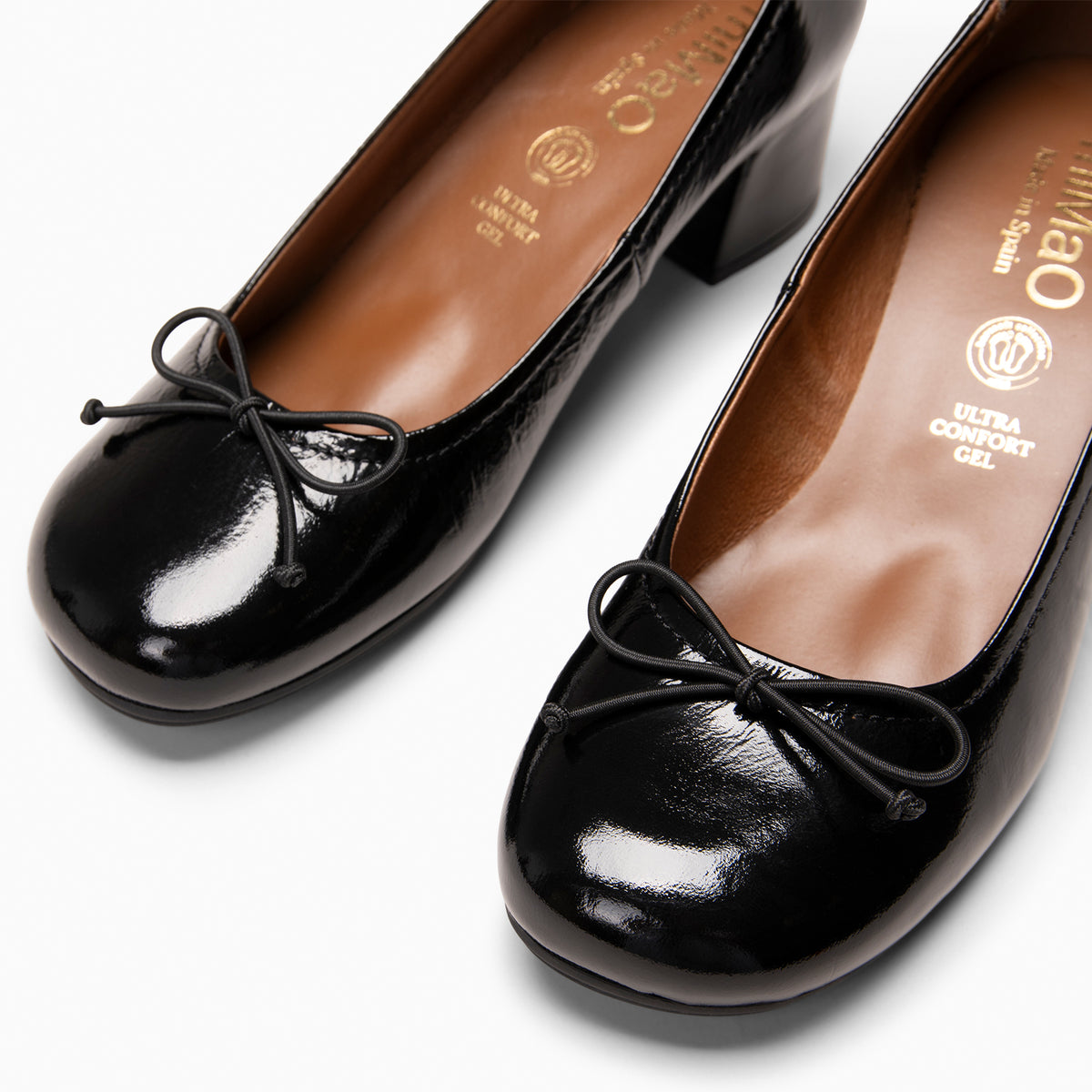SILVANA - Ballerines à talon et nœud pour pieds larges en cuir vernis NOIR