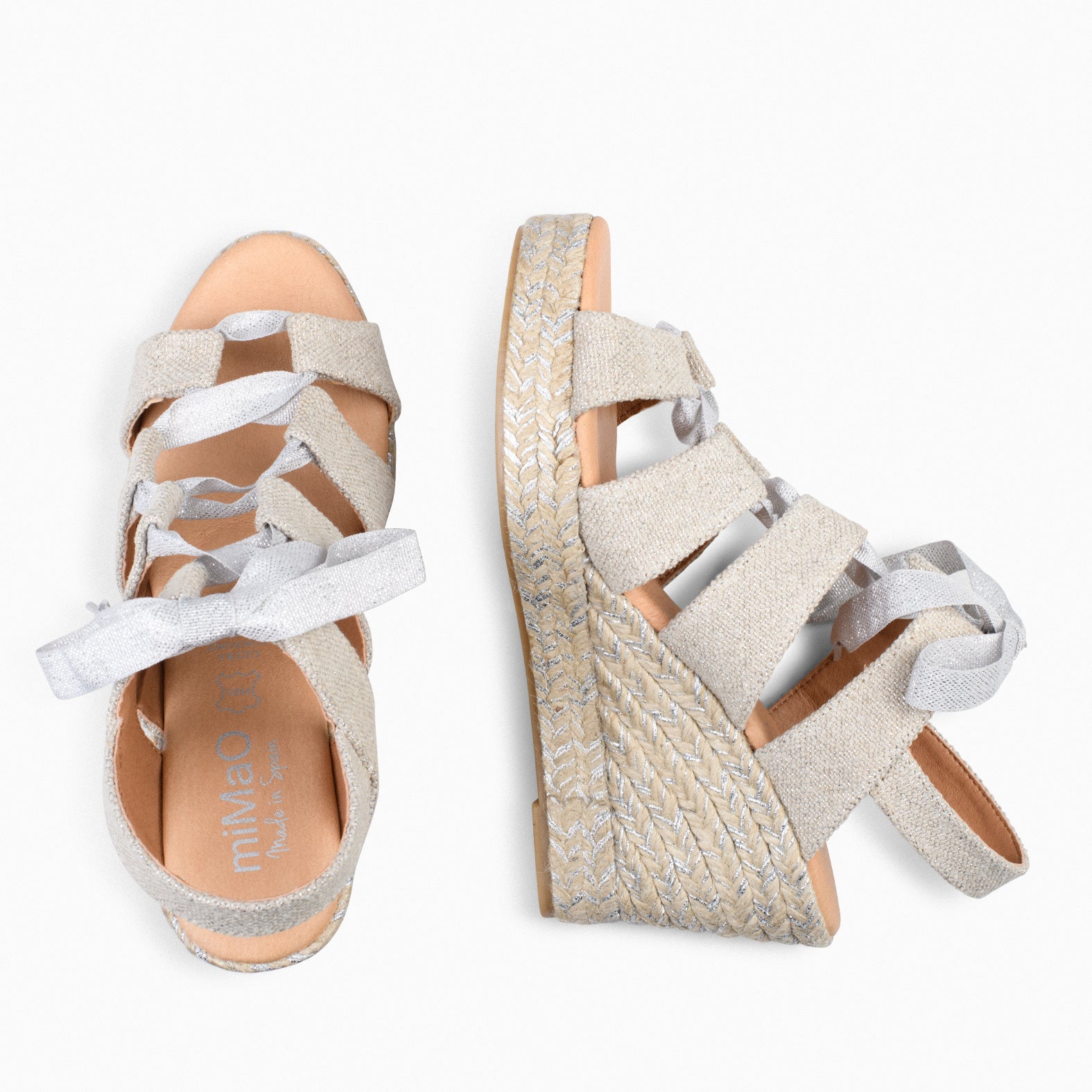 ROMAN – SILVER wedge espadrilles with lurex laces