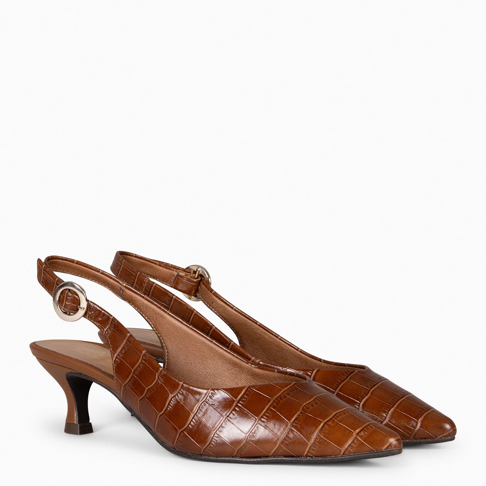 GRETA – Slingbacks à talon en cuir imitation croco CAMEL