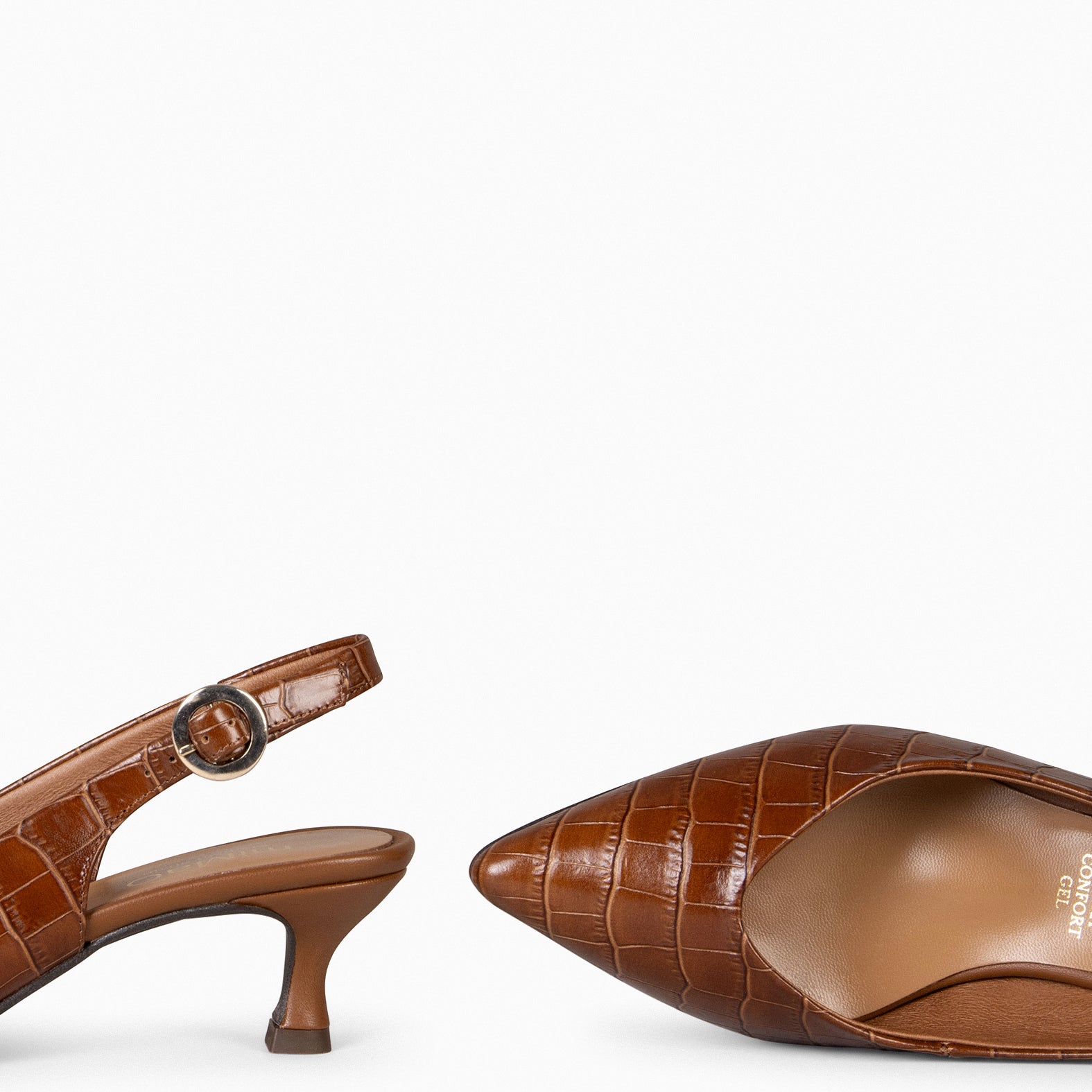 GRETA – Slingbacks à talon en cuir imitation croco CAMEL