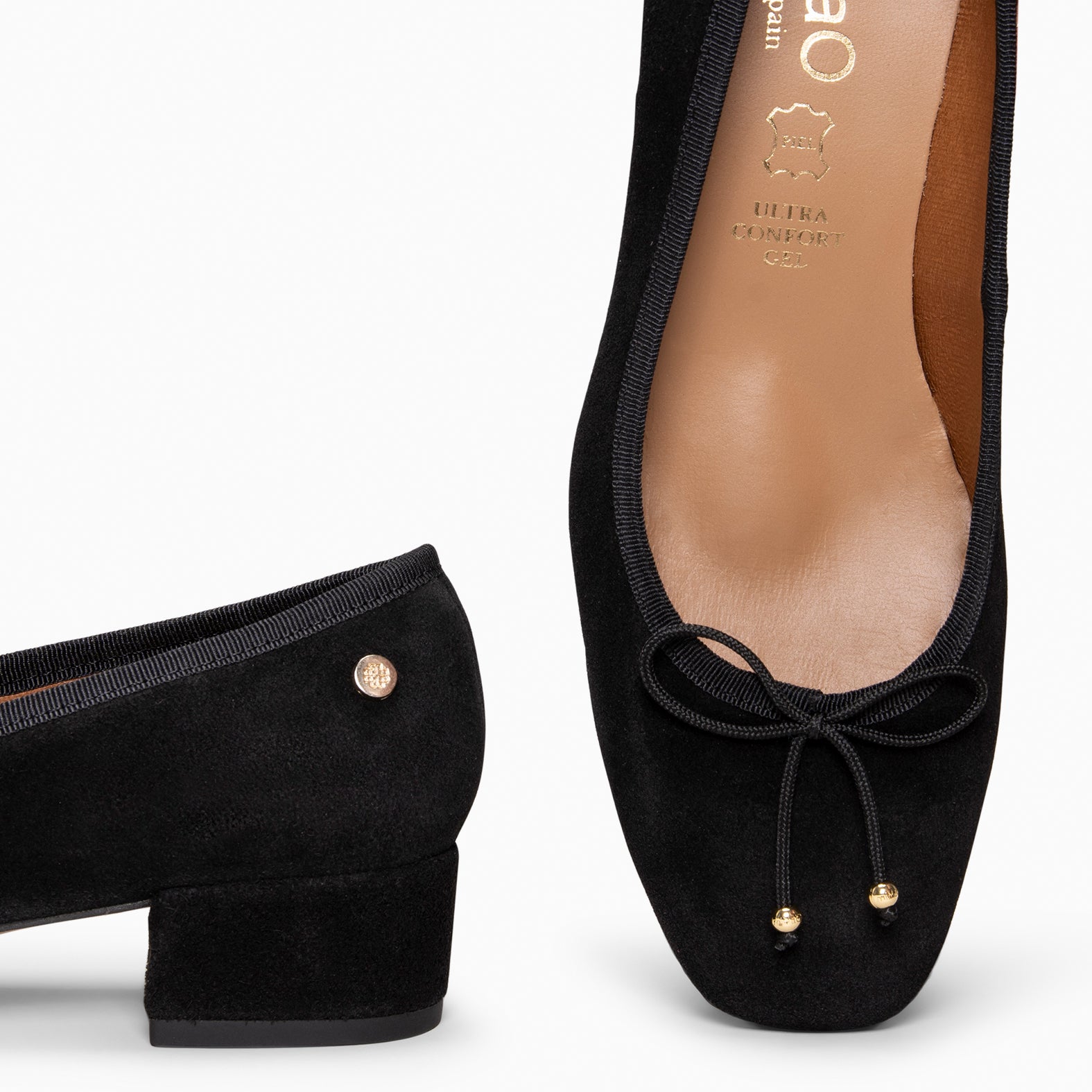 NINA – Bailarina de tacón bajo en piel de serraje NEGRO