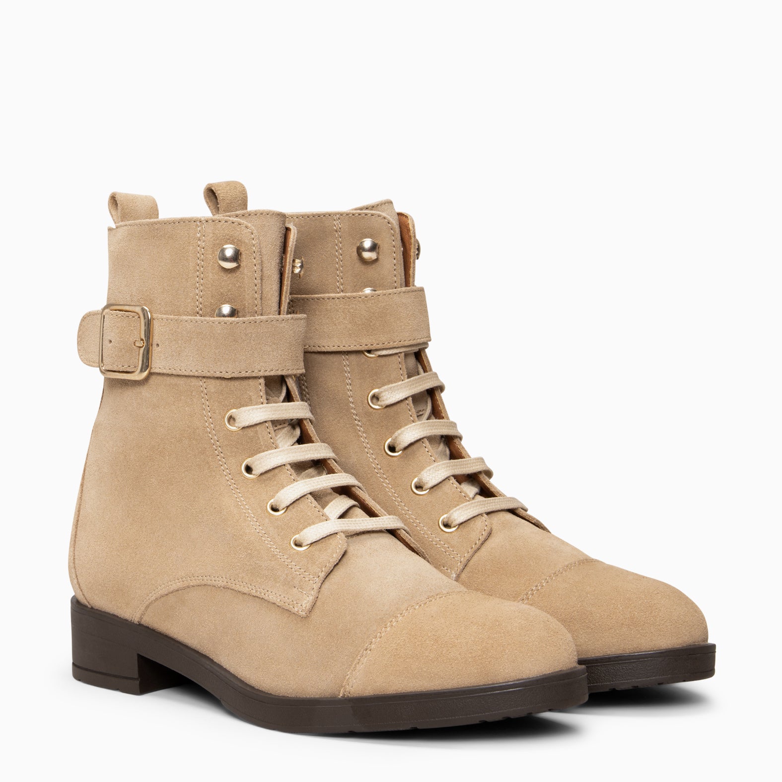BELFAST – Botines con cordones de piel de serraje BEIGE