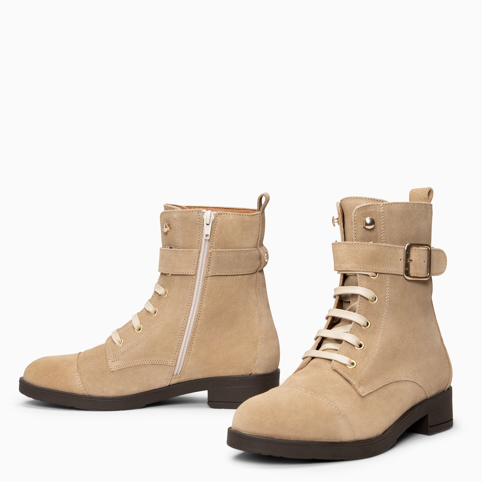 BELFAST – Botines con cordones de piel de serraje BEIGE