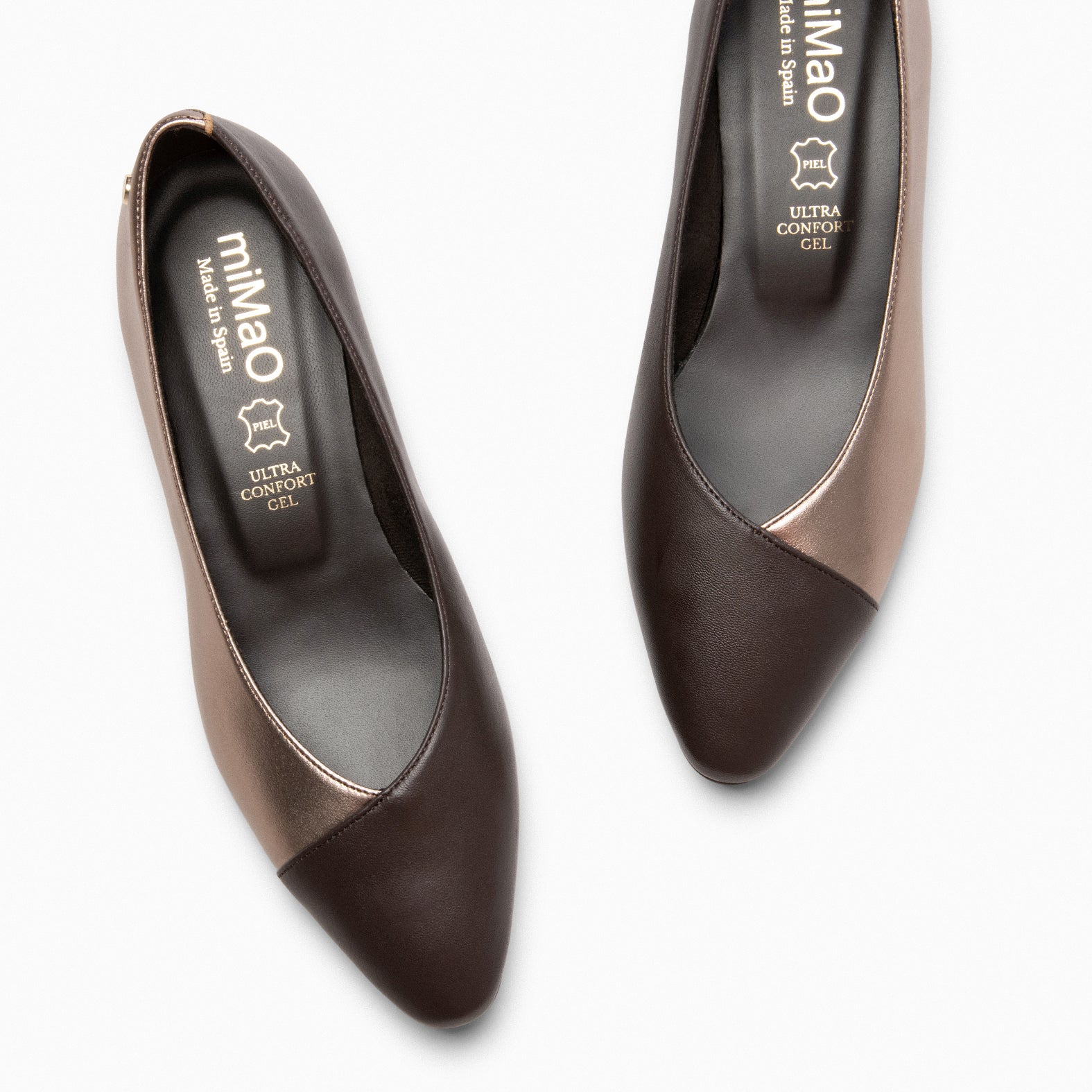 KATE – Ballerines à petit talon duo de cuir MARRON DORÉ