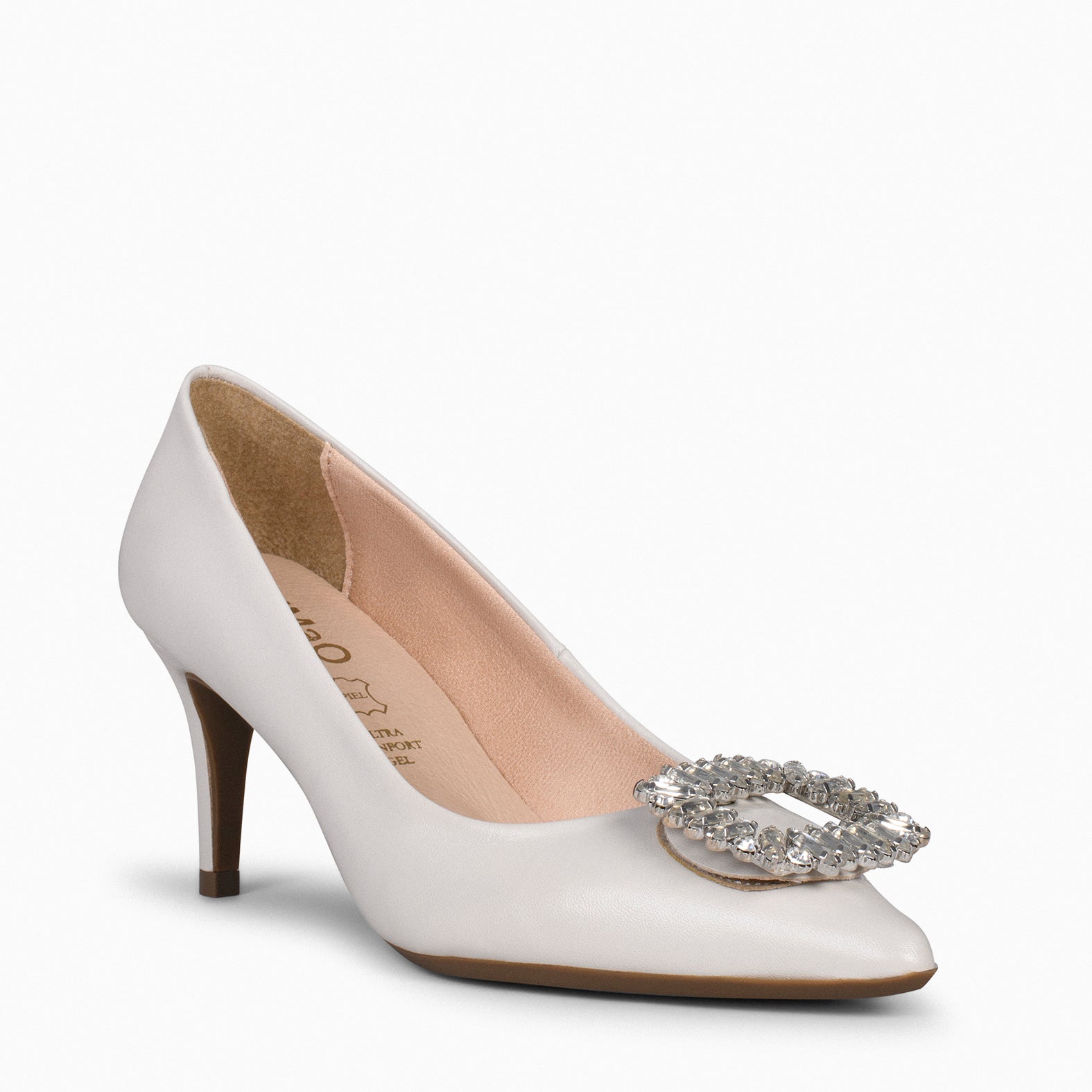 ELLA – WHITE stiletto heels with brooch