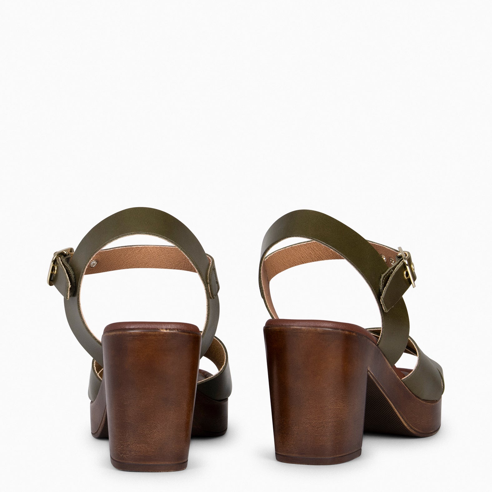 TAVIRA – Sandales en cuir KAKI et à talon bois 