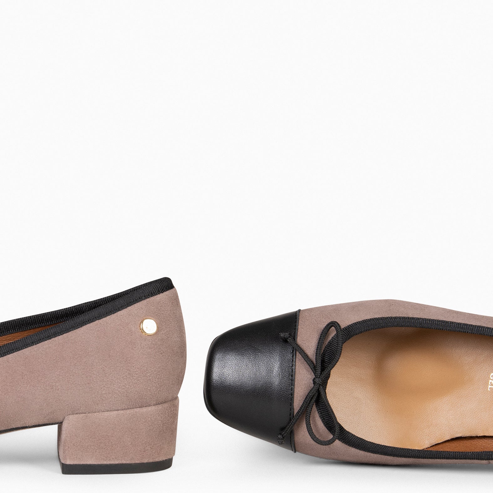 GLAMOUR - TAUPE ballerina with heel and BLACK patent toe