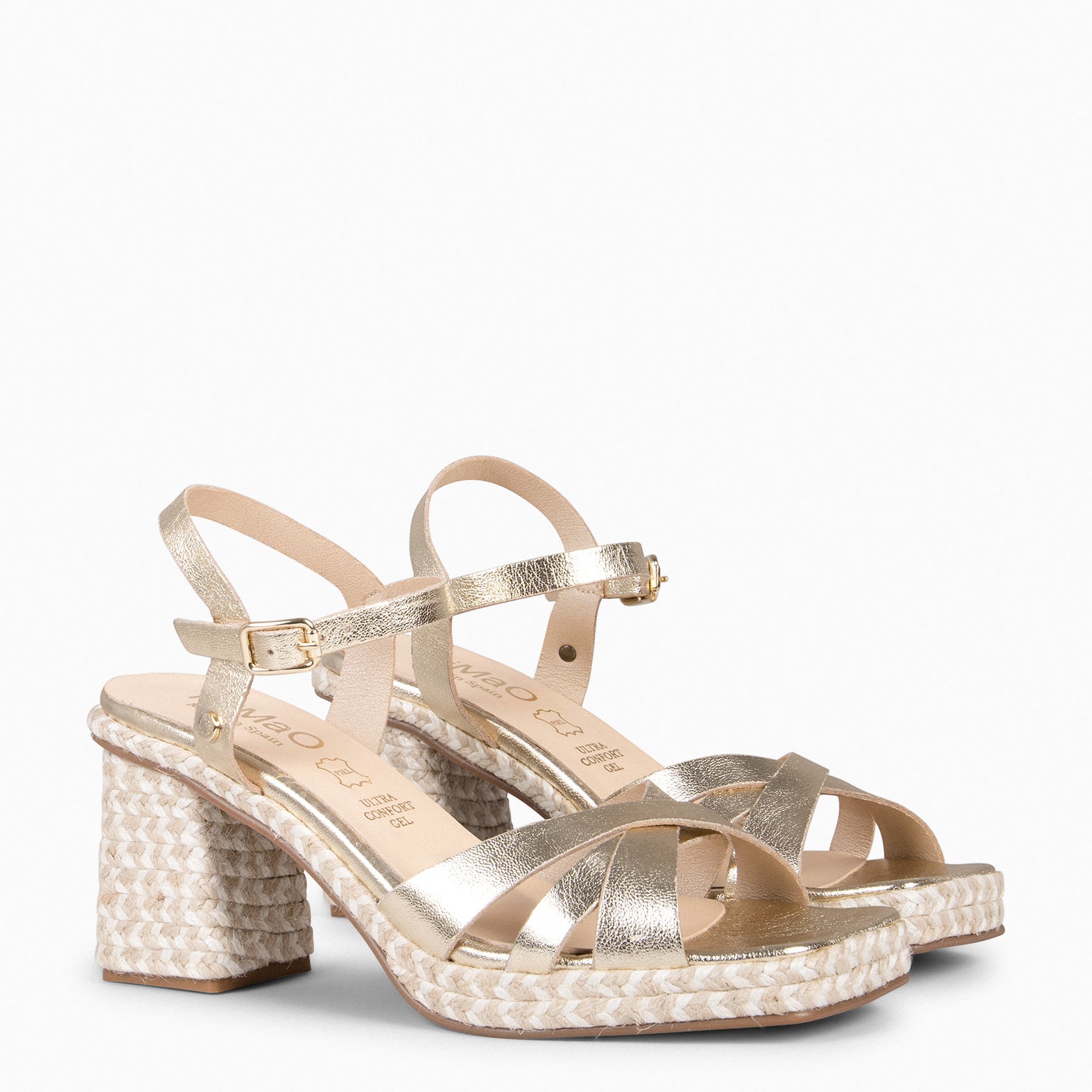 ANNA - Sandales à talon carré en jute DORÉ