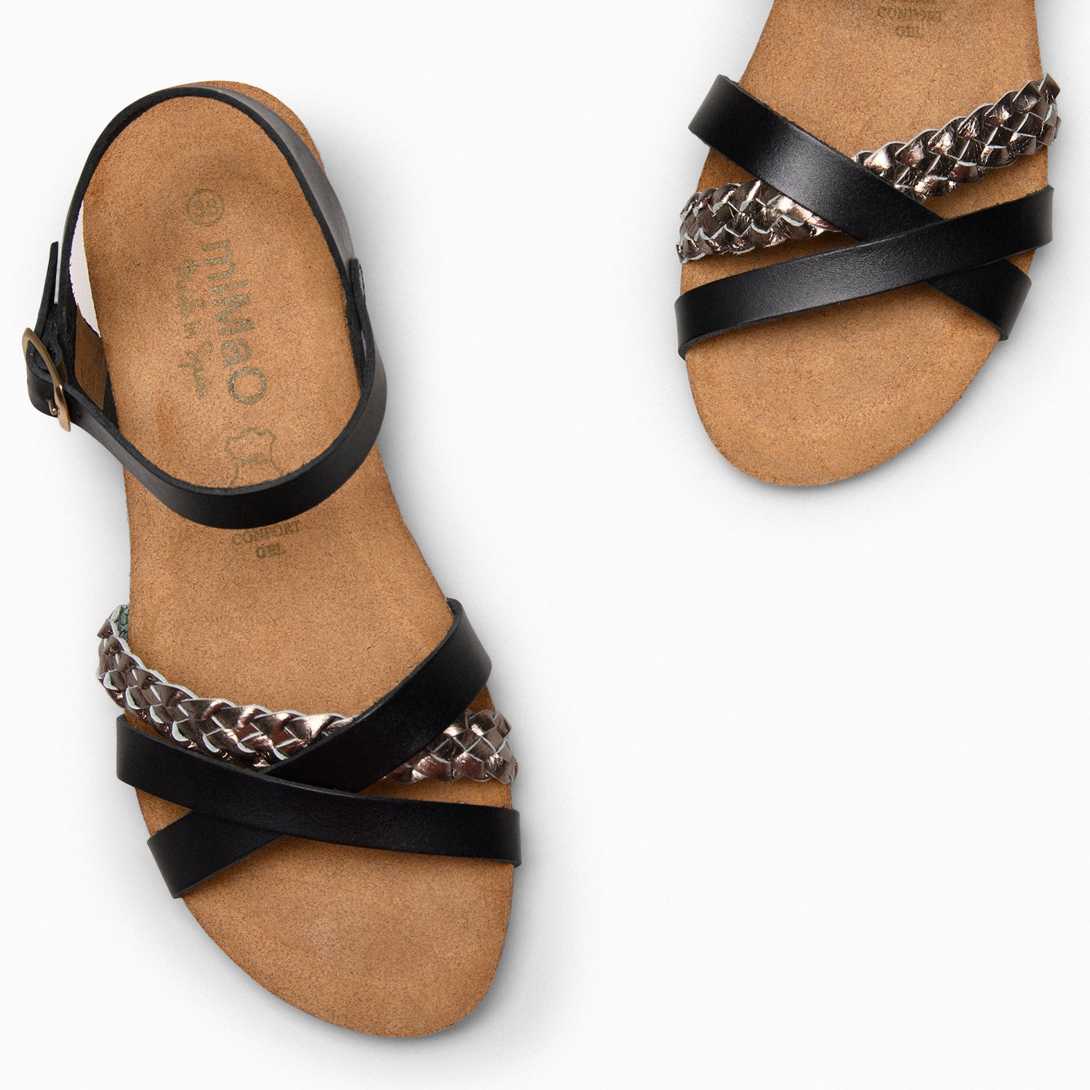 CALATEA - Sandales en cuir NOIR avec tresse GRIS