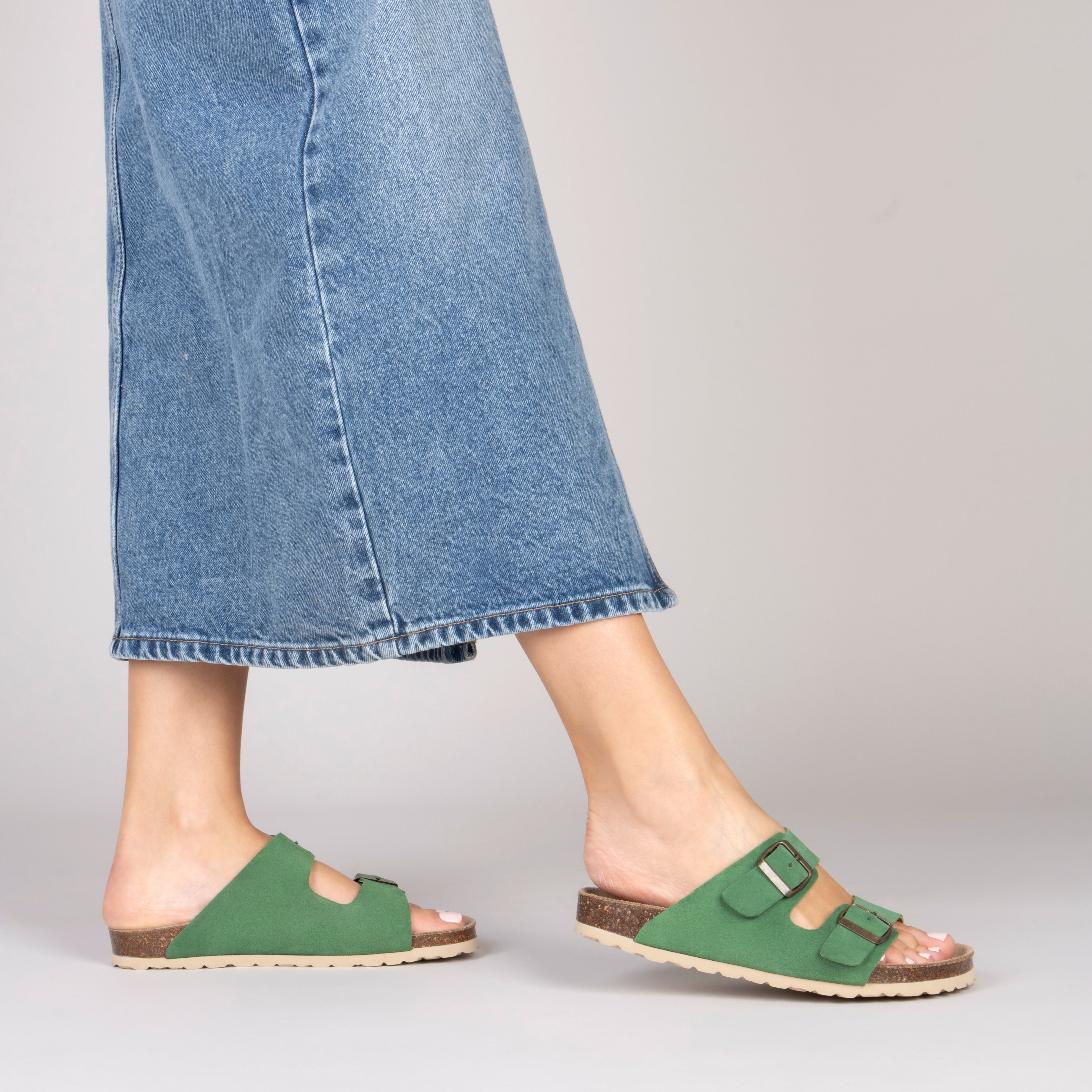 BORA - GREEN Flat sandal with double buckle