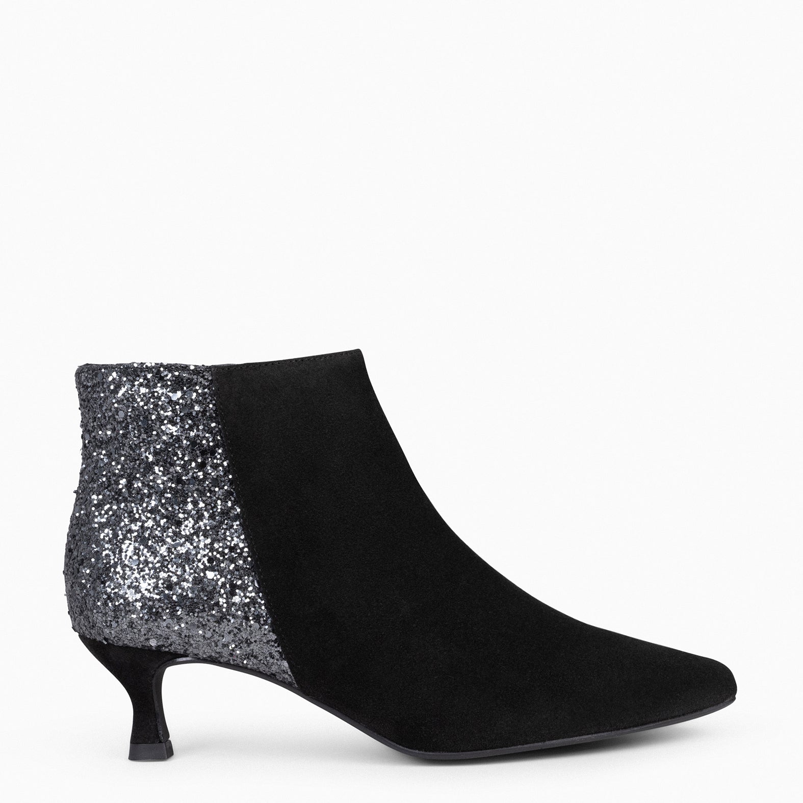 ROYAL SUEDE – BLACK GLITTER Low heel booties